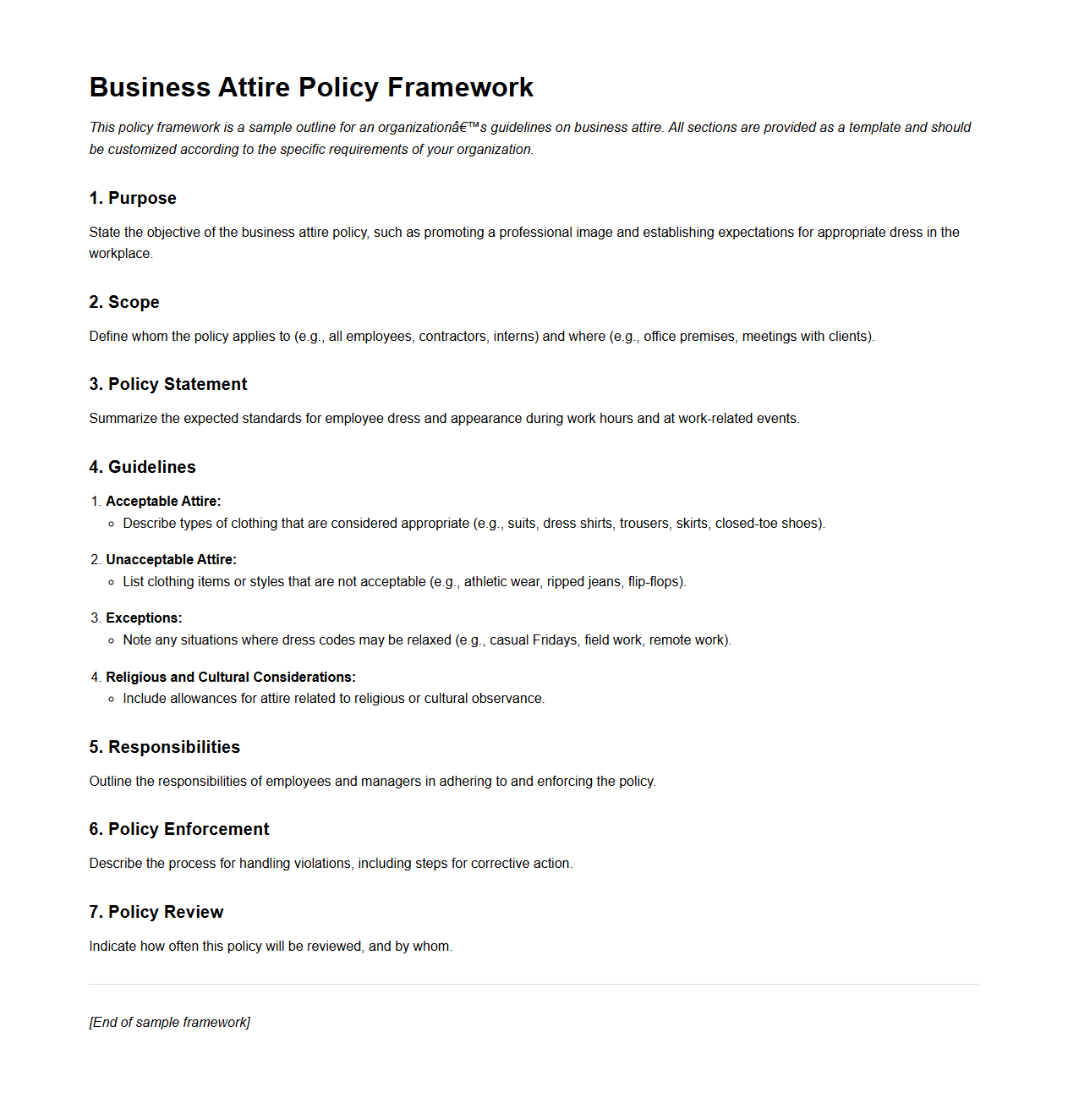 Blank Business Attire Policy Framework