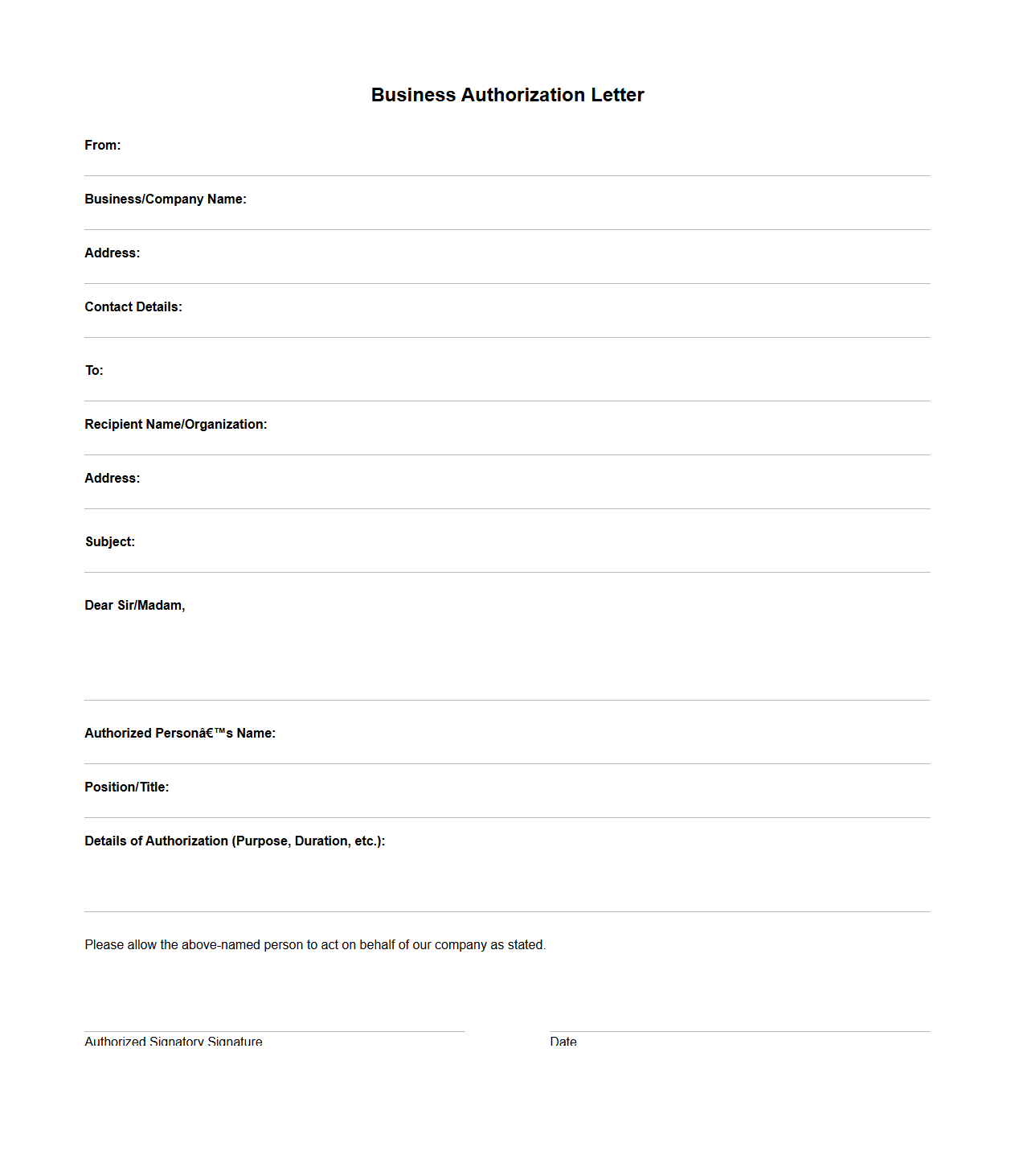 Blank Business Authorization Letter Template