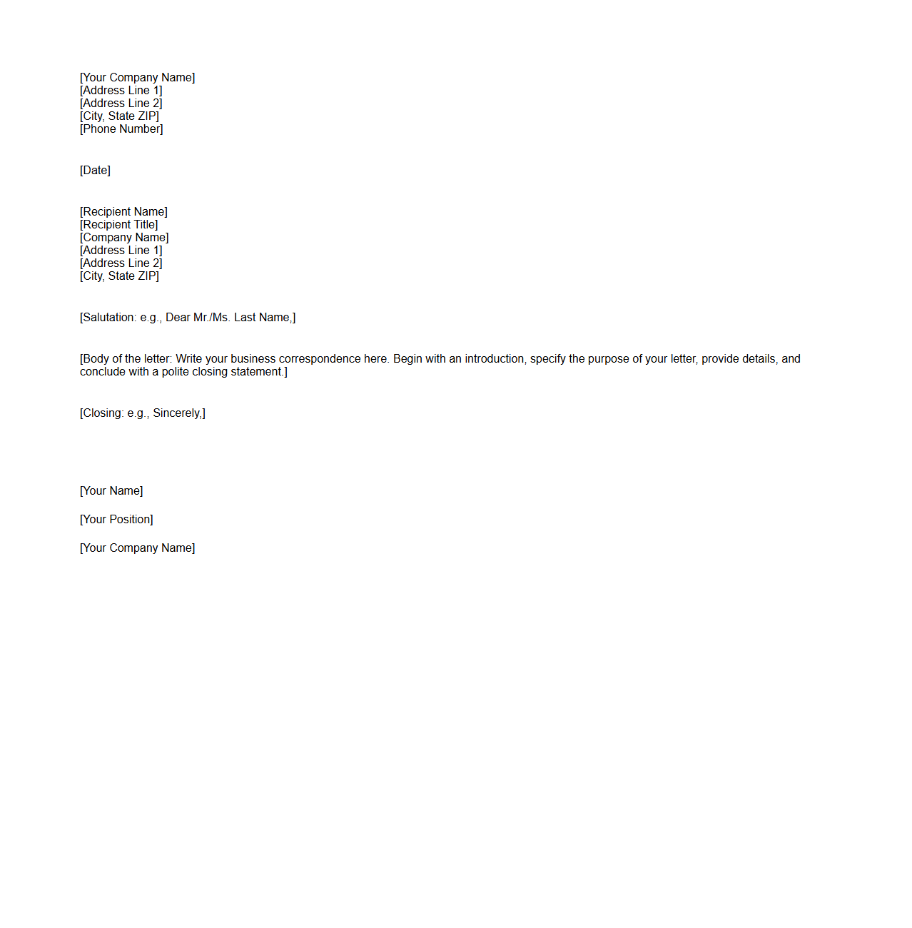 Blank Business Correspondence Letter Template