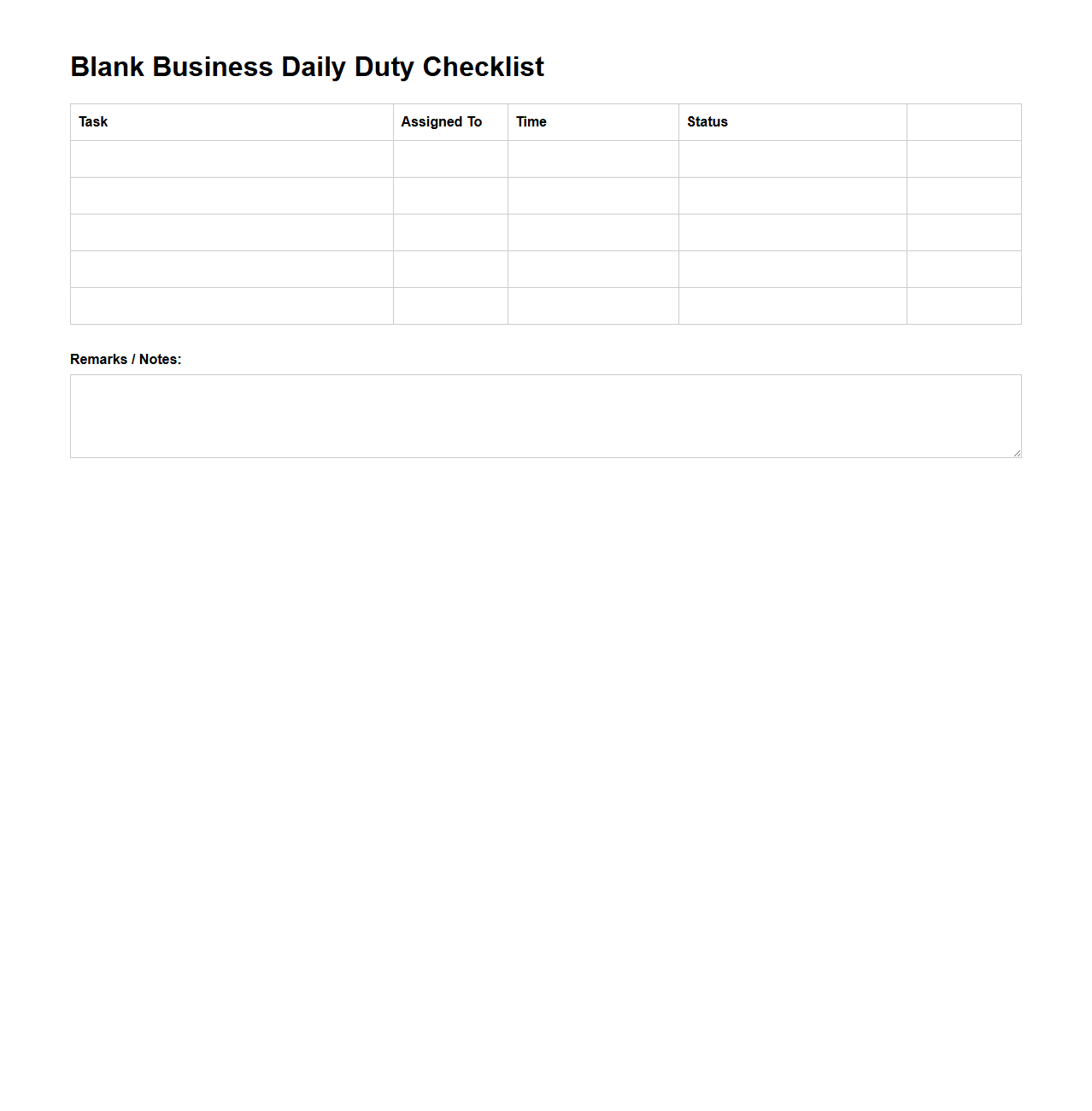 Blank Business Daily Duty Checklist