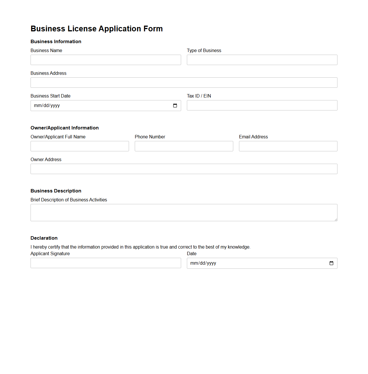 Blank Business License Application Form Template