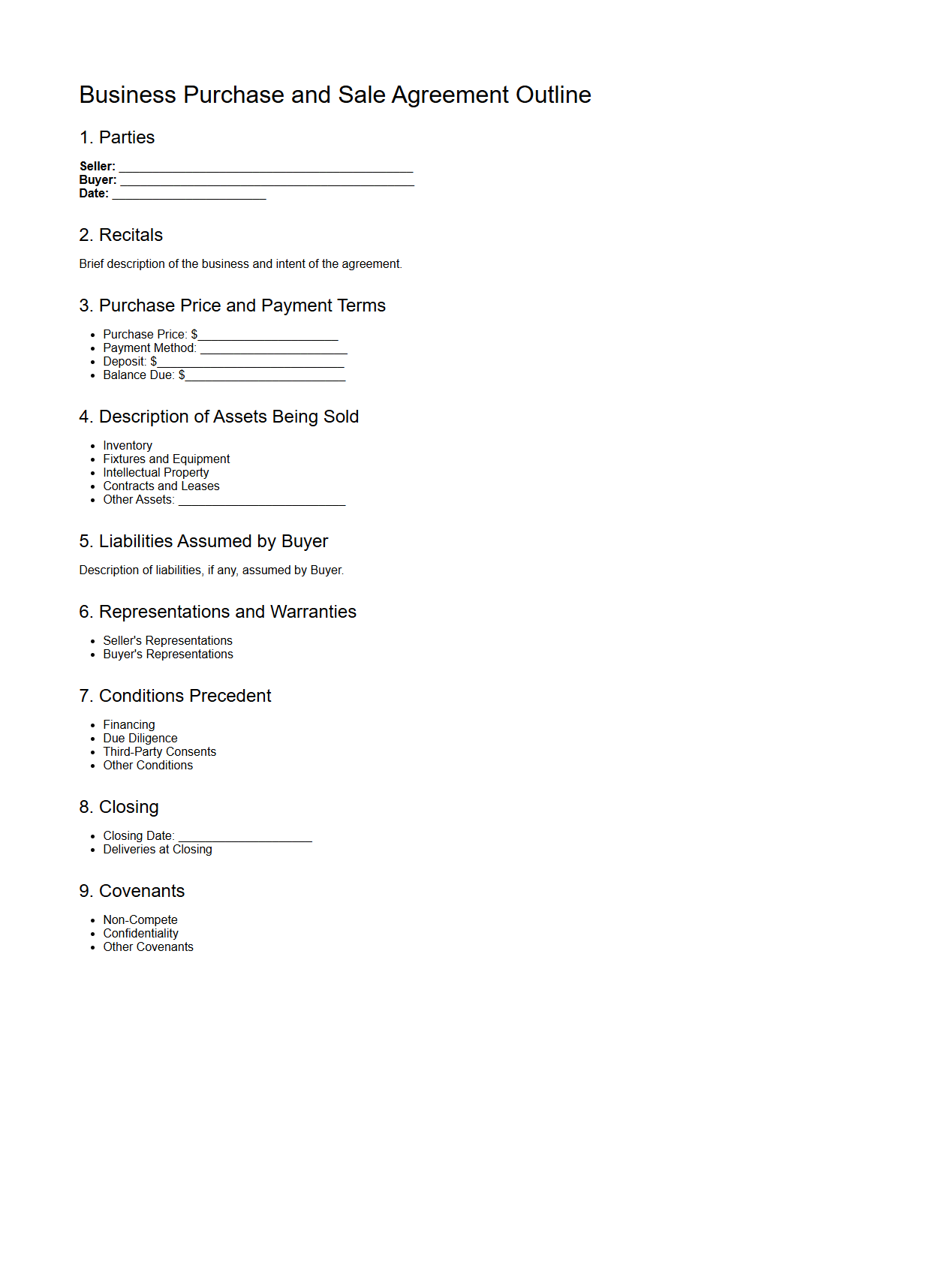 Blank Business Purchase and Sale Agreement Outline