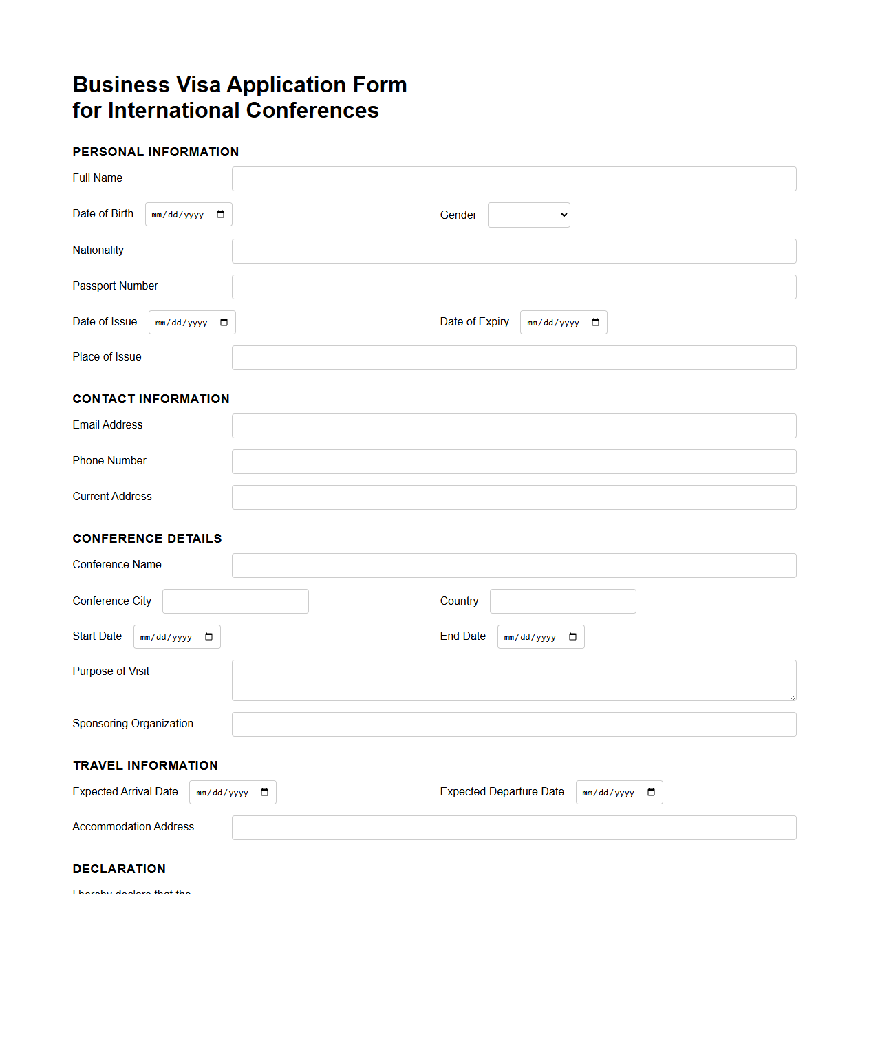 Blank Business Visa Application Form for International Conferences