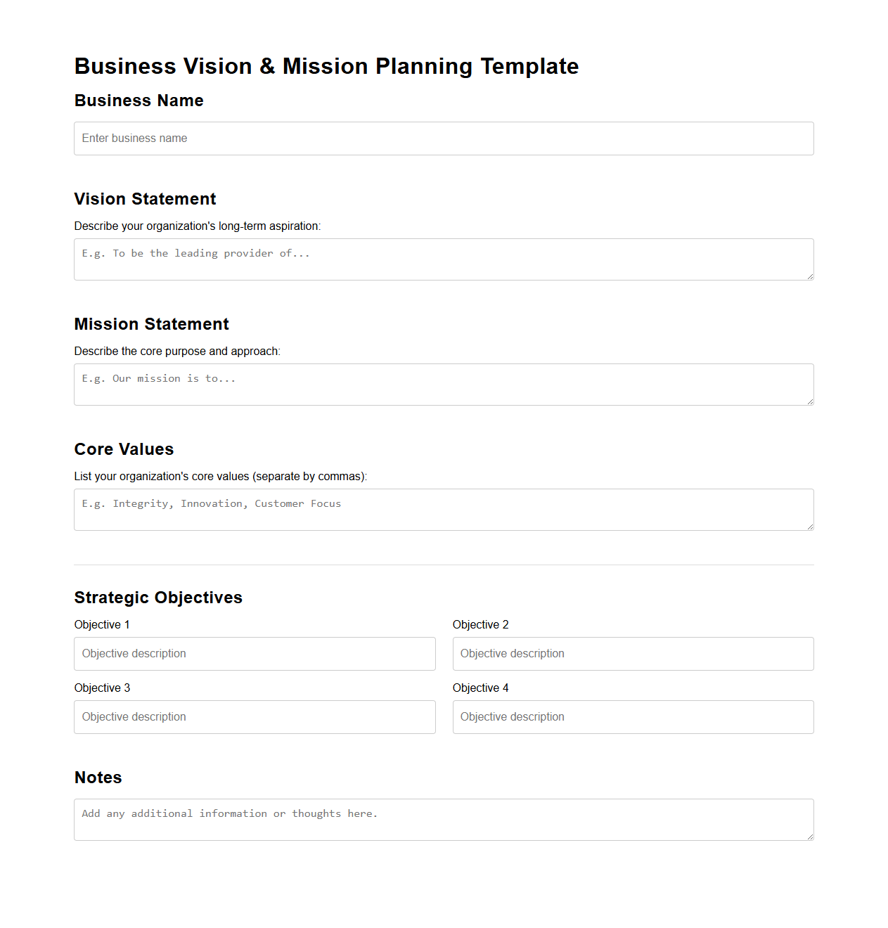 Blank Business Vision and Mission Planning Template