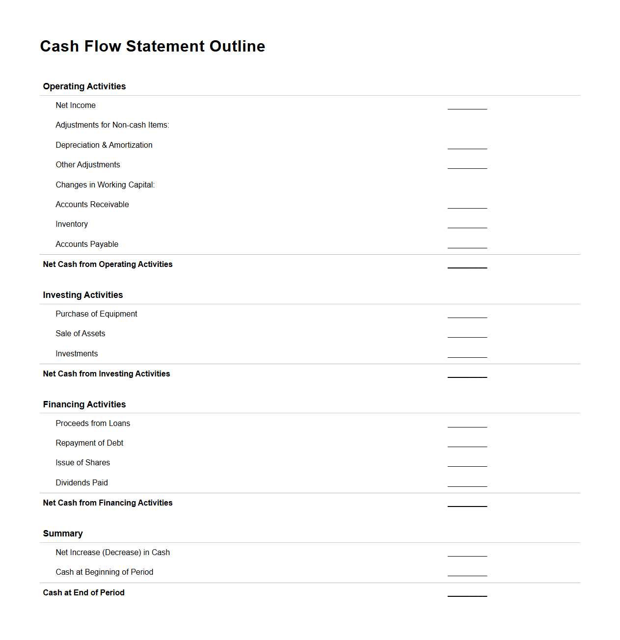 Blank Cash Flow Statement Outline for Business Assessment
