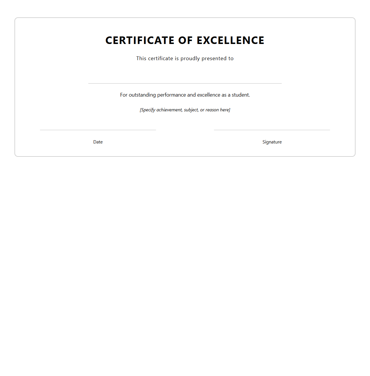 Blank Certificate Template for Student Excellence