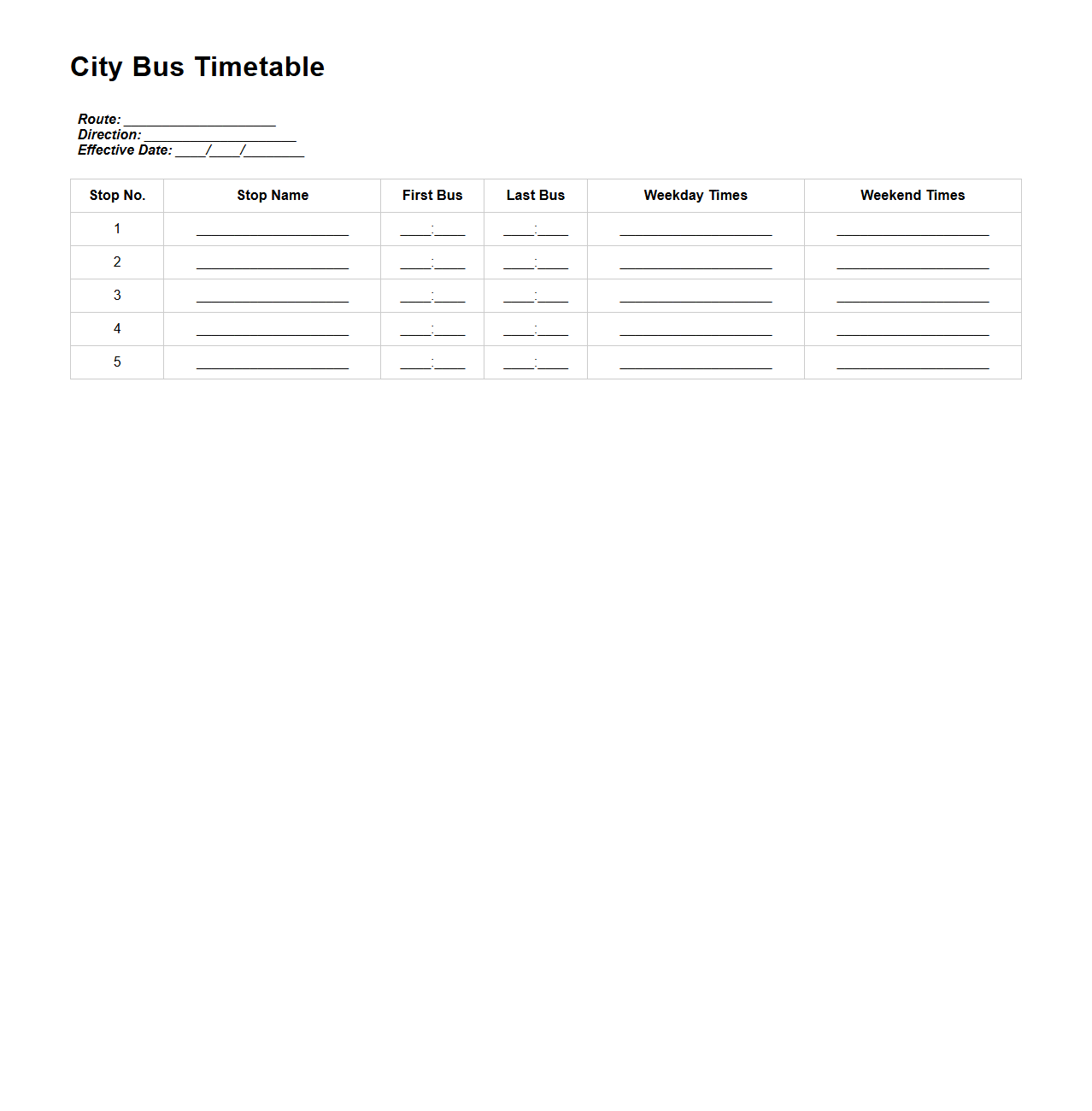 Blank City Bus Timetable Template