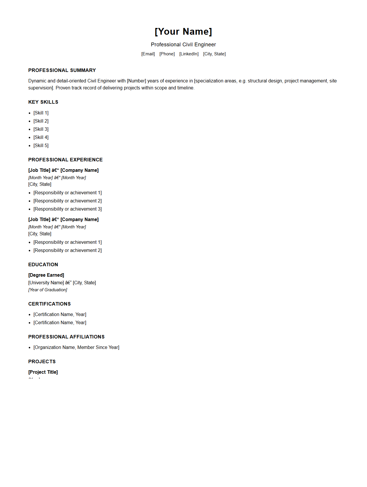 Blank Civil Engineering Resume Template for Professional Engineers