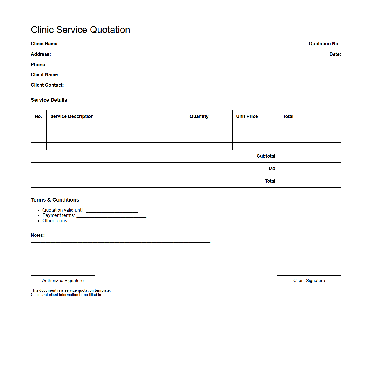 Blank Clinic Service Quotation Template