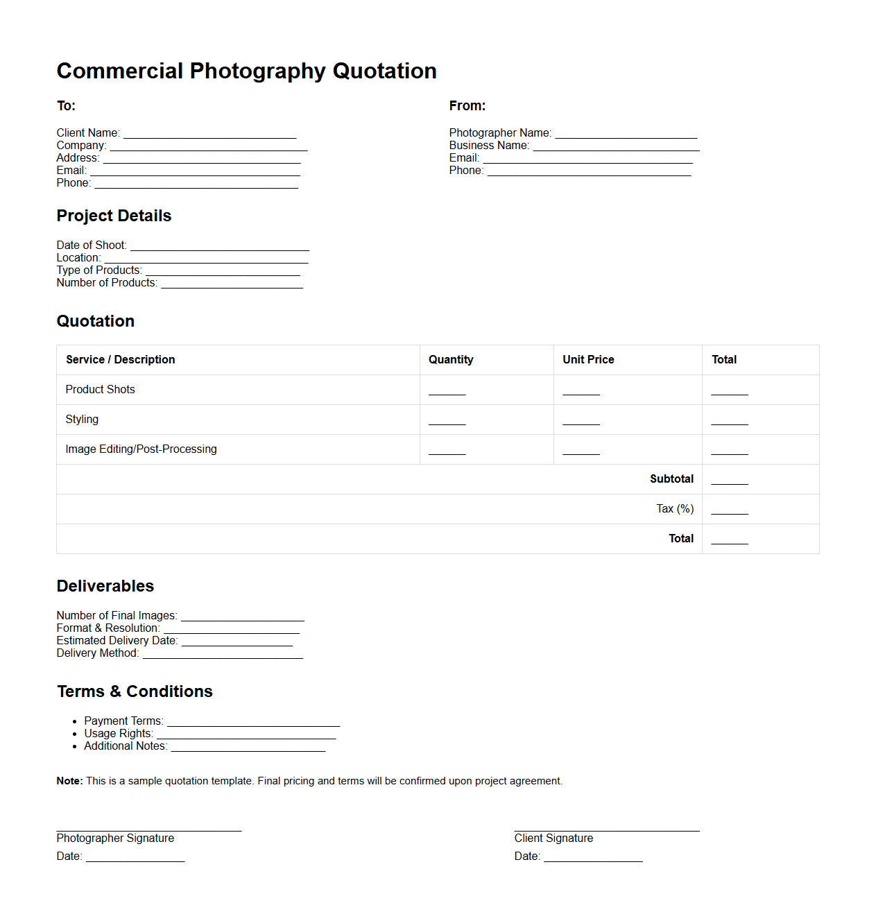 Blank Commercial Photography Quotation Template for Product Shoots
