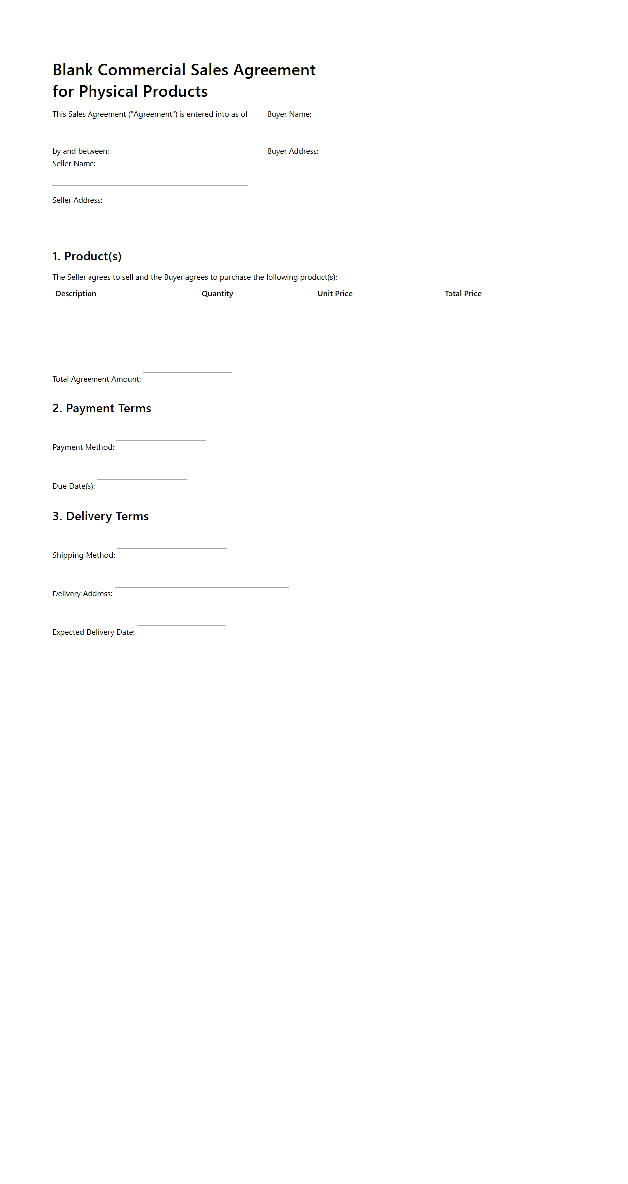 Blank Commercial Sales Agreement for Physical Products