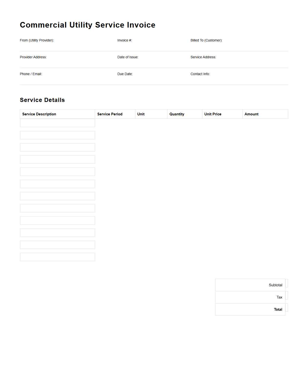 Blank Commercial Utility Service Invoice