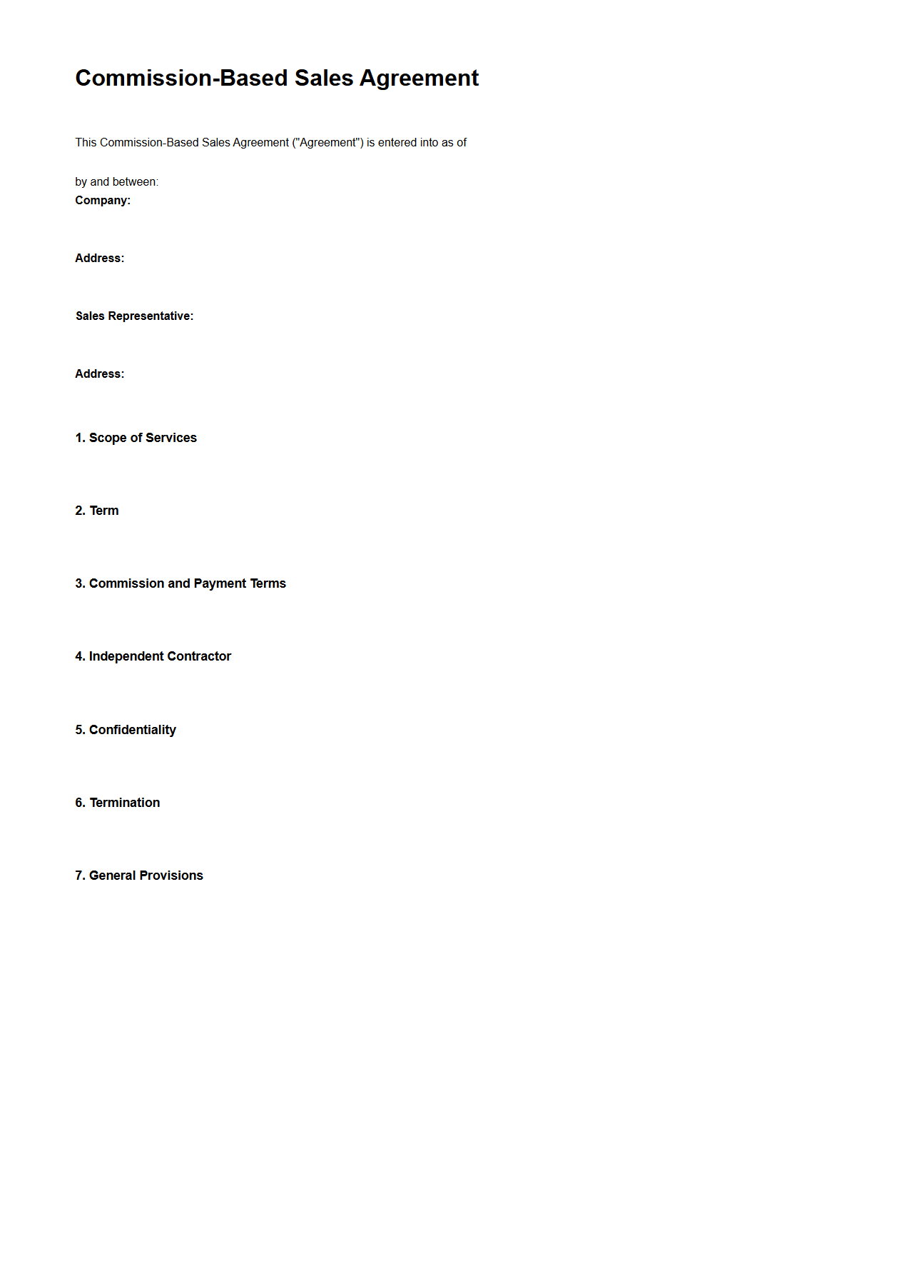 Blank Commission-Based Sales Agreement Example