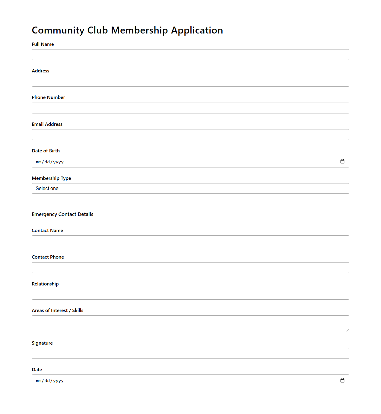 Blank Community Club Membership Application Template