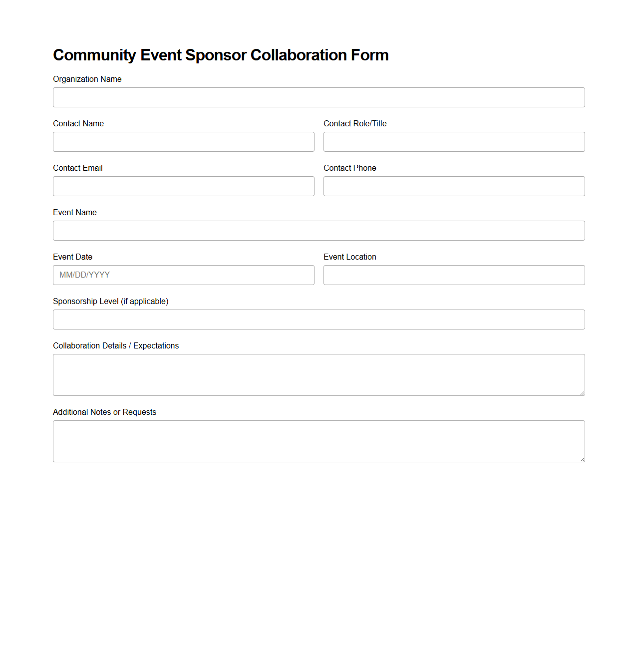 Blank Community Event Sponsor Collaboration Form