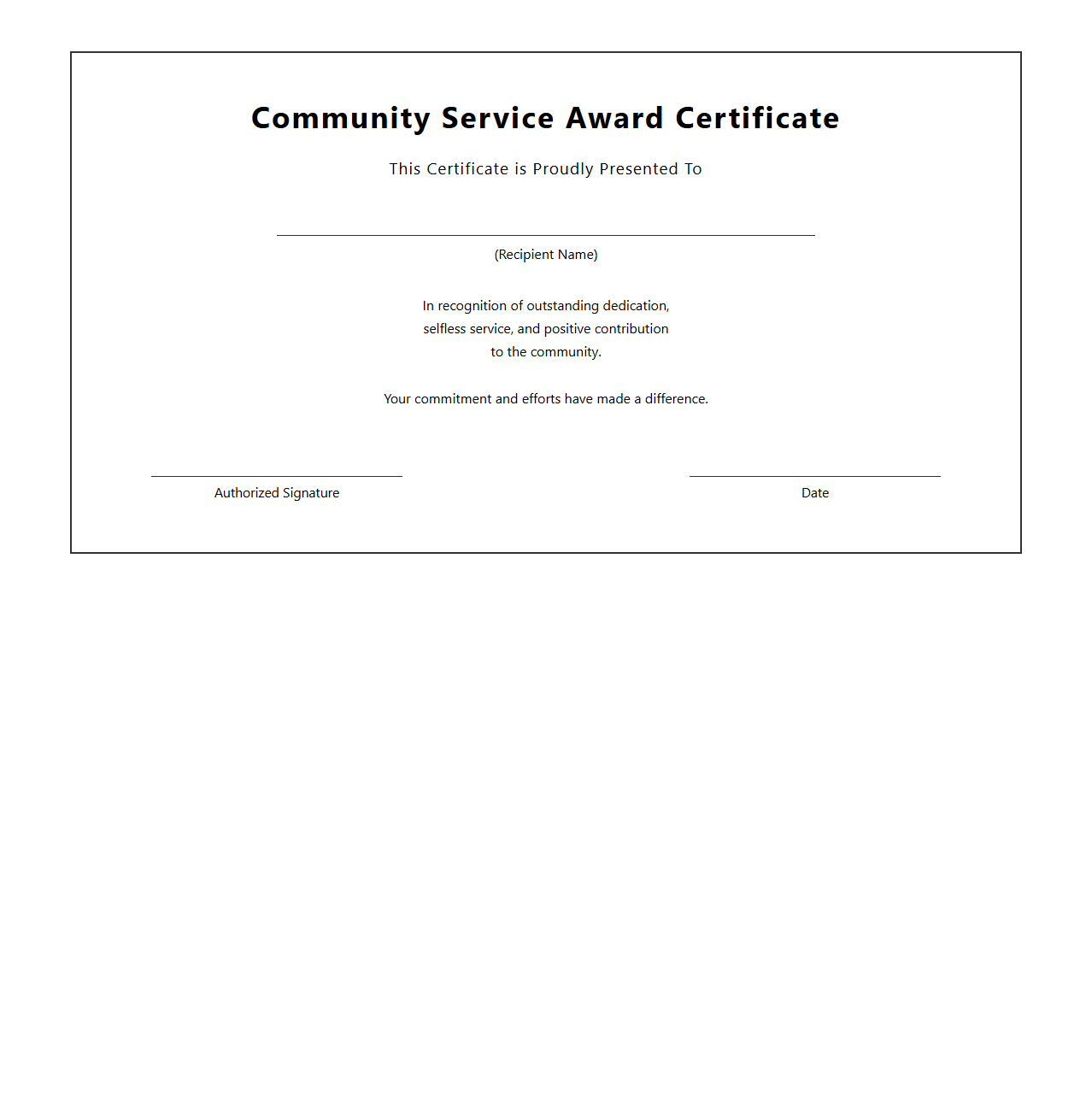Blank Community Service Award Certificate Template