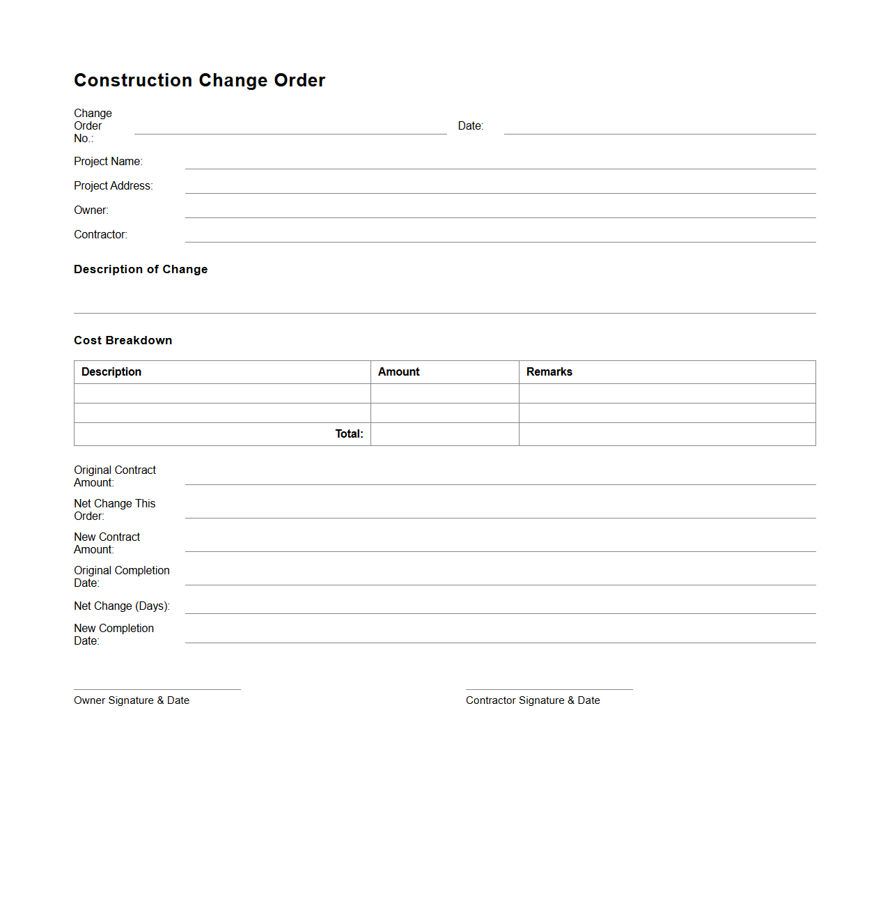 Blank Construction Change Order Template