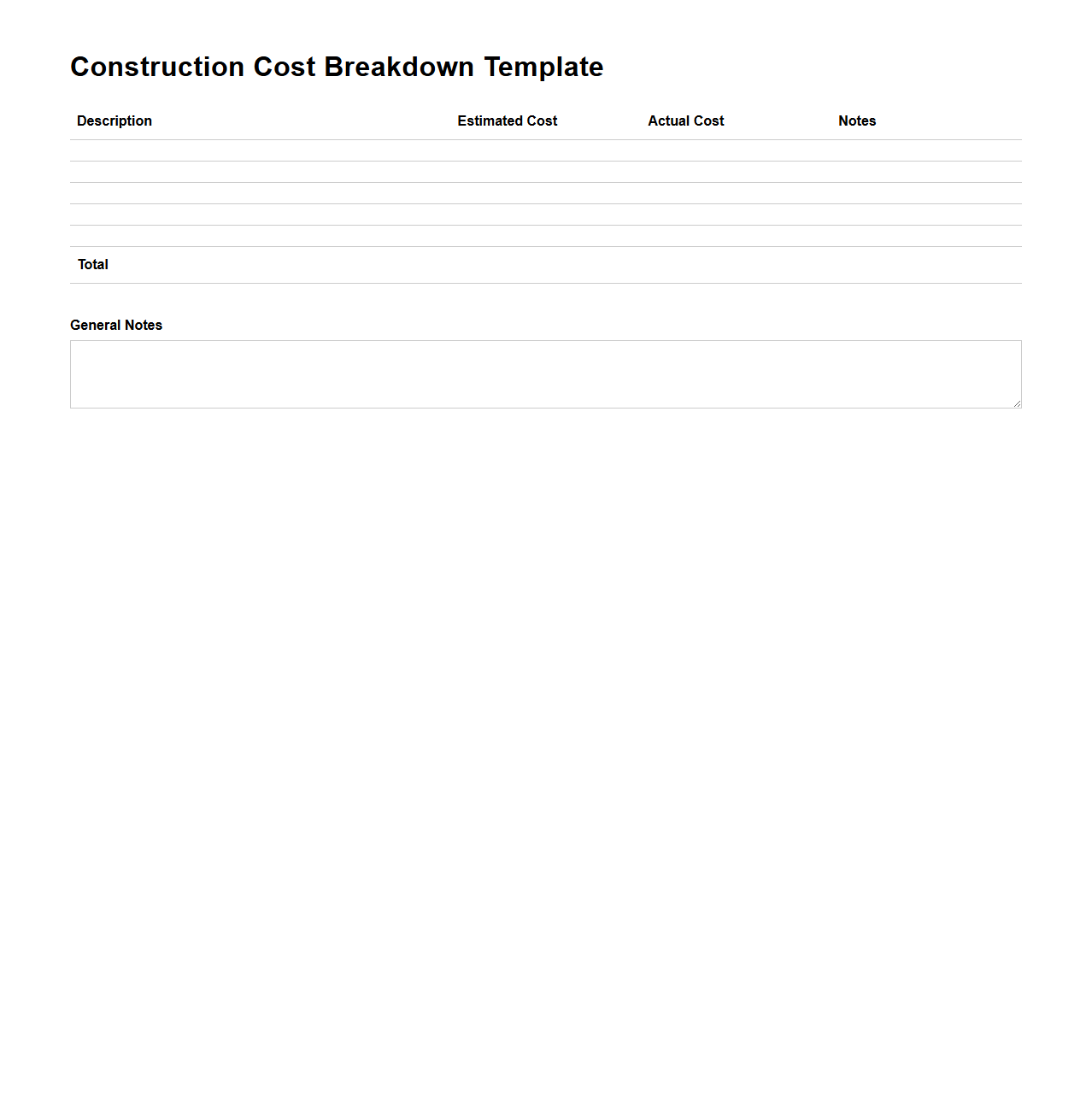 Blank Construction Cost Breakdown Template