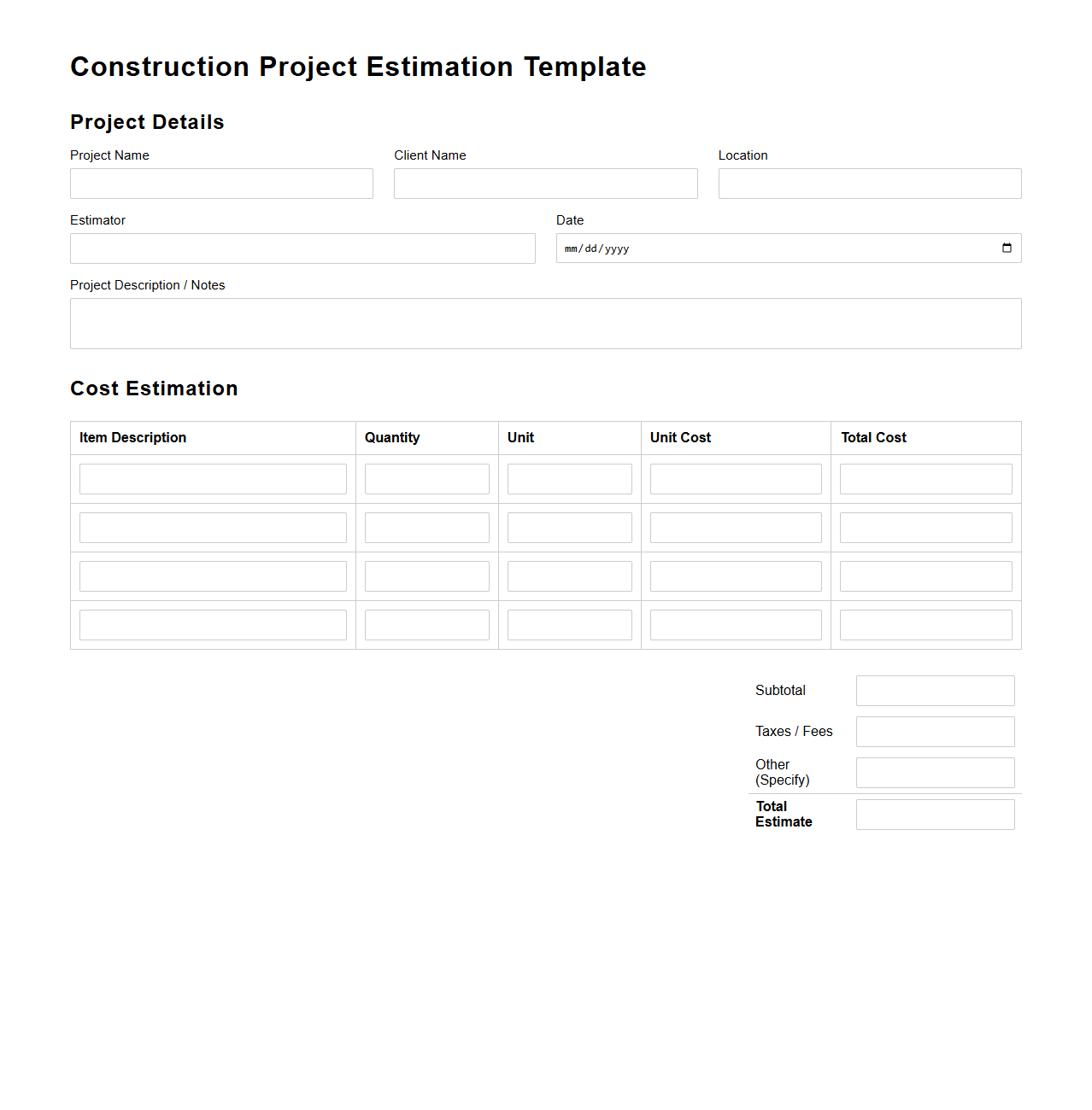 Blank Construction Project Estimation Template