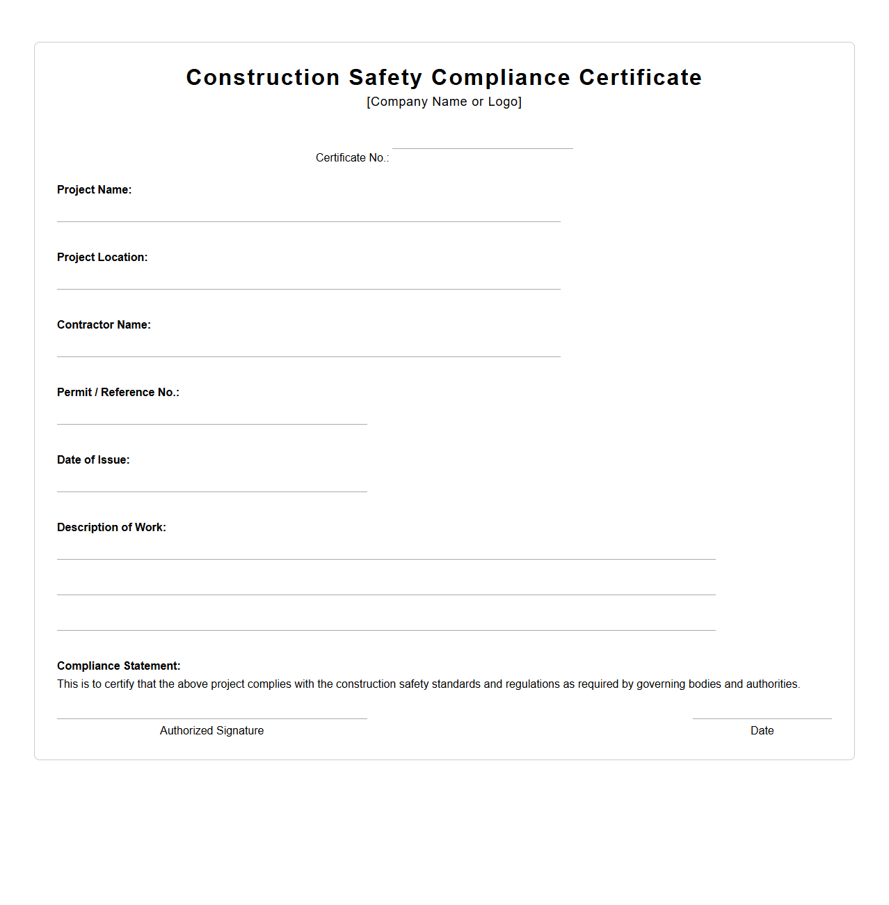 Blank Construction Safety Compliance Certificate Template