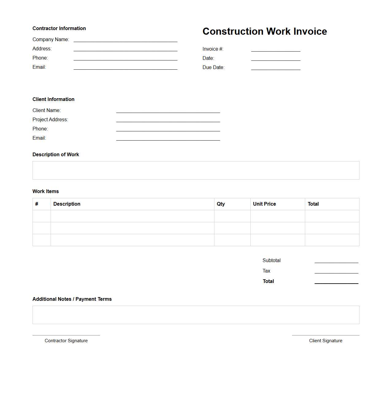 Blank Construction Work Invoice Template