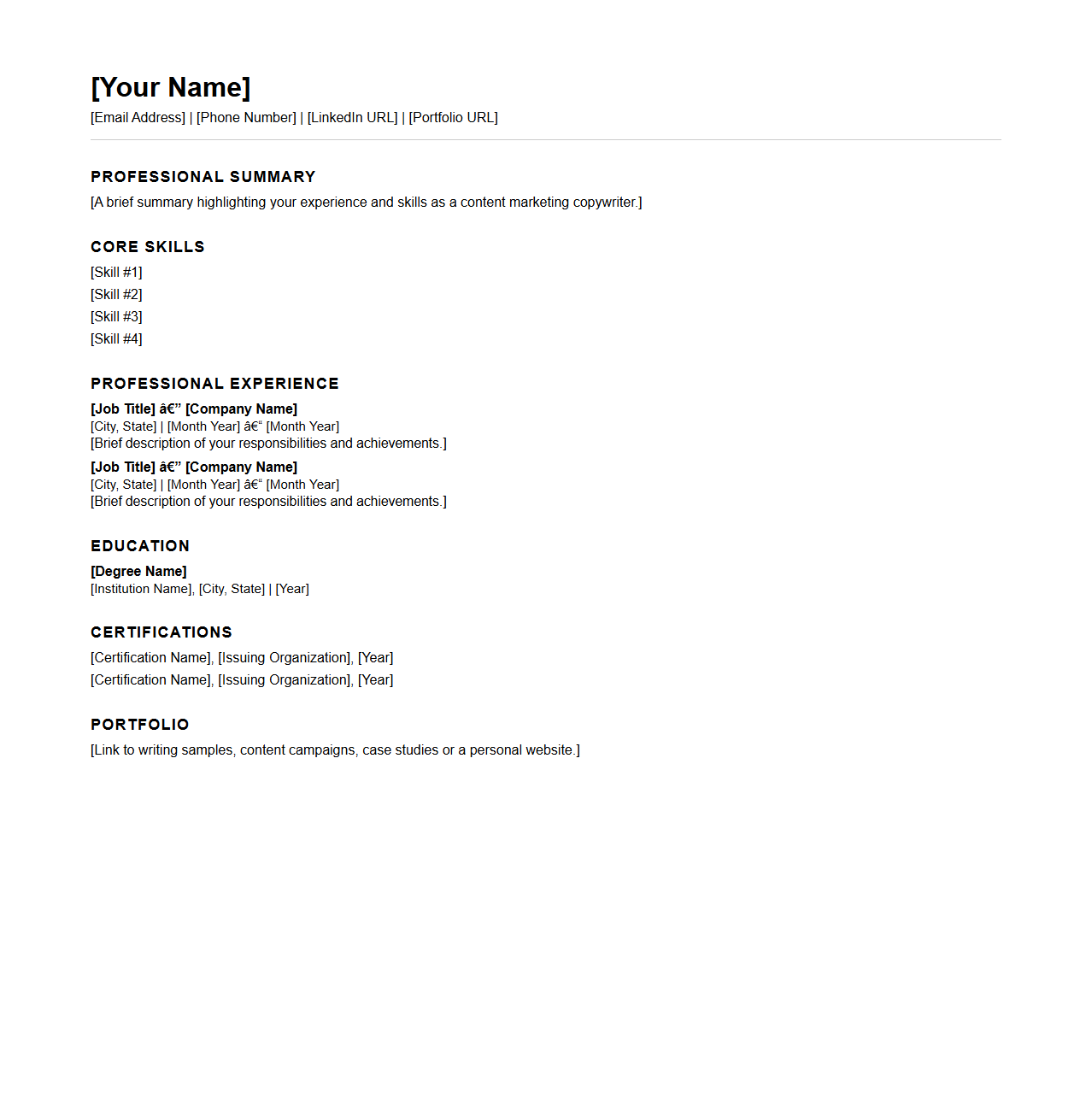 Blank Content Marketing Resume Template for Copywriters