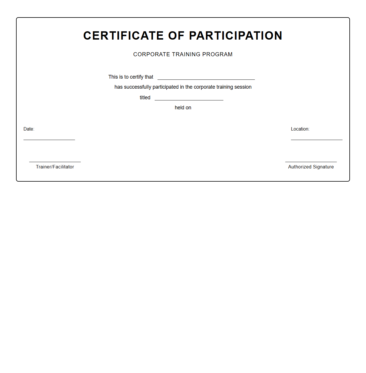 Blank Corporate Training Participation Certificate Template