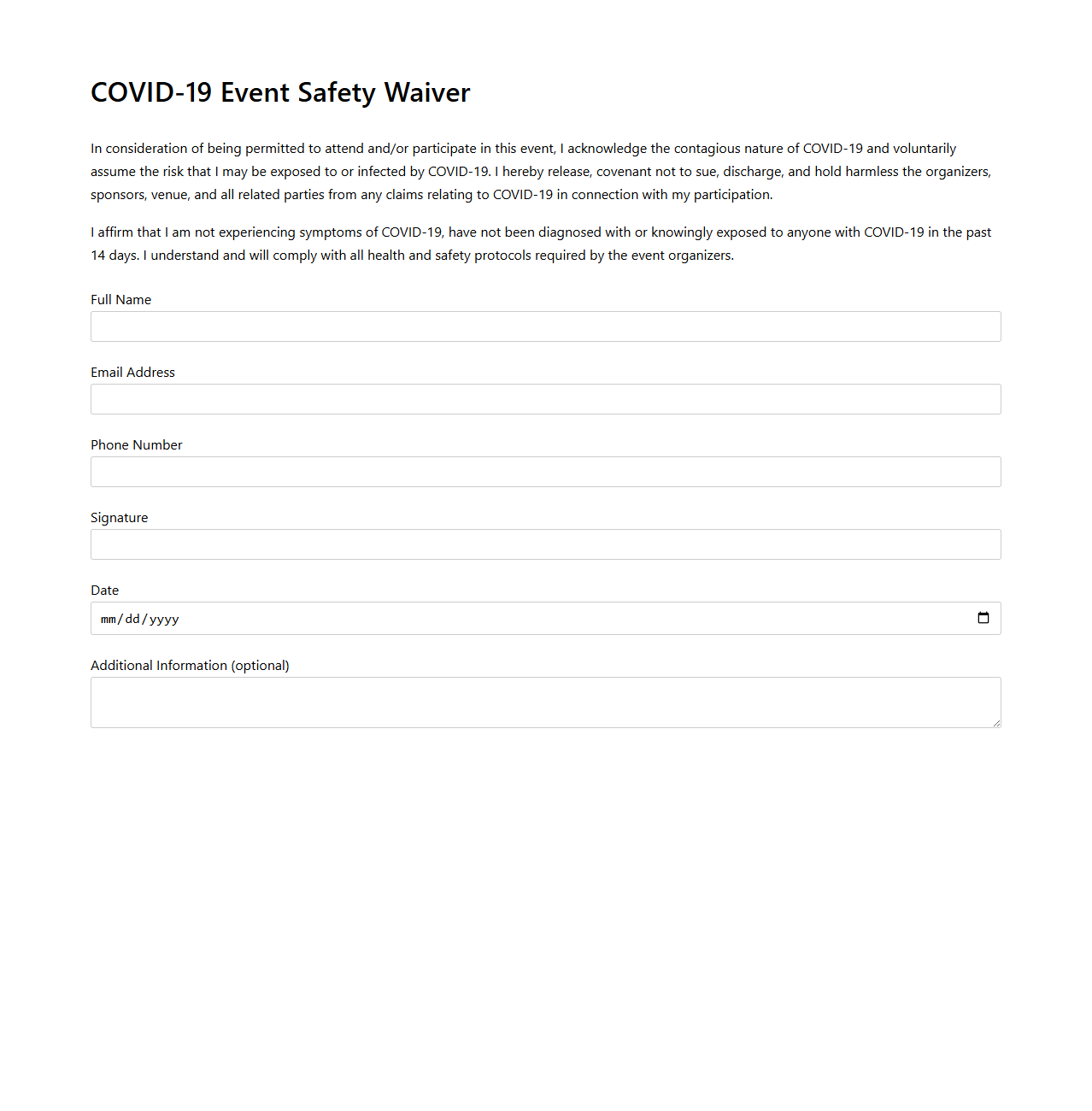 Blank COVID-19 Event Safety Waiver Template