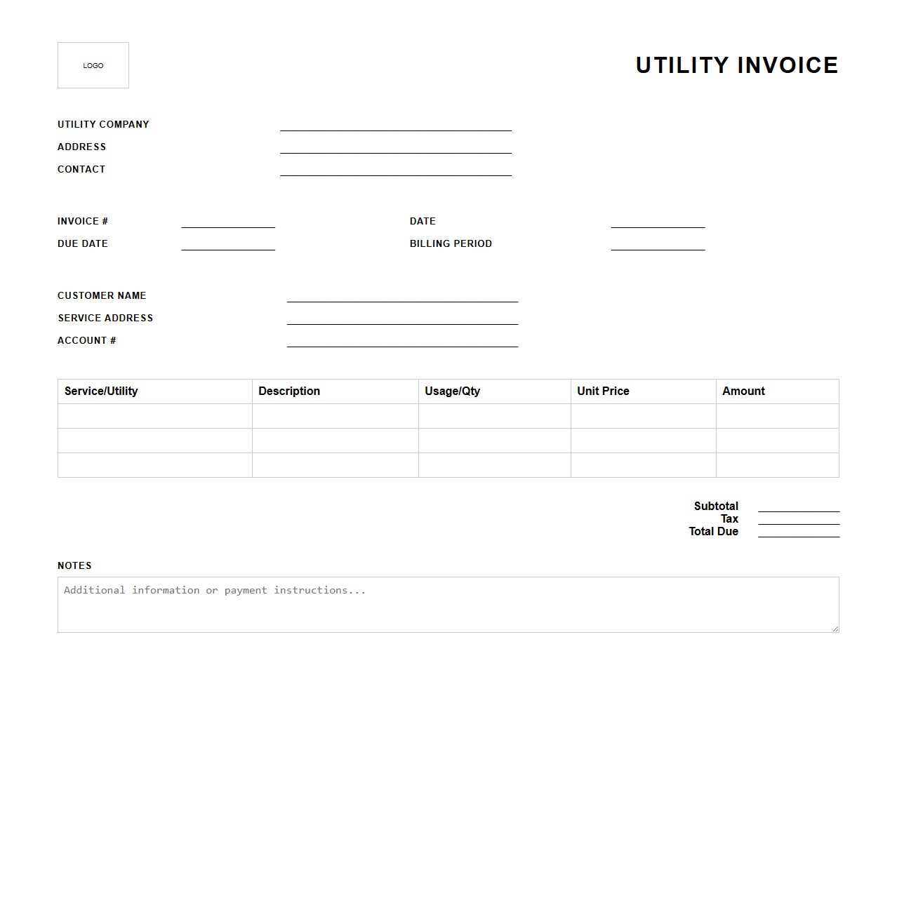 Blank Custom Utility Invoice Sheet