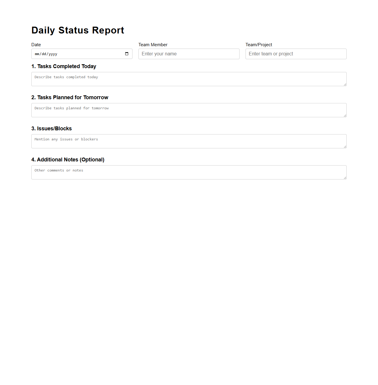 Blank Daily Status Report Template for Teams