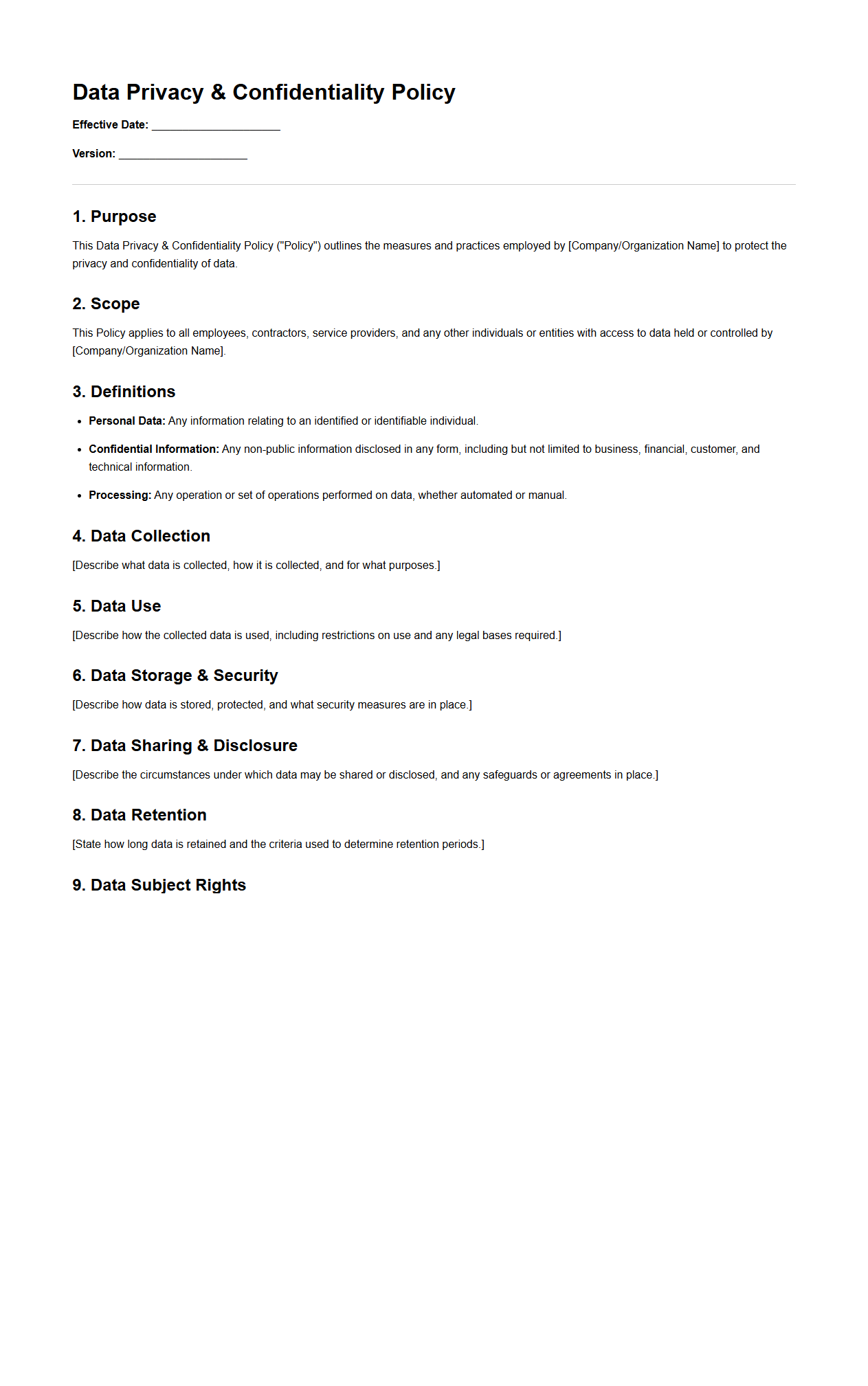 Blank Data Privacy Confidentiality Policy Template