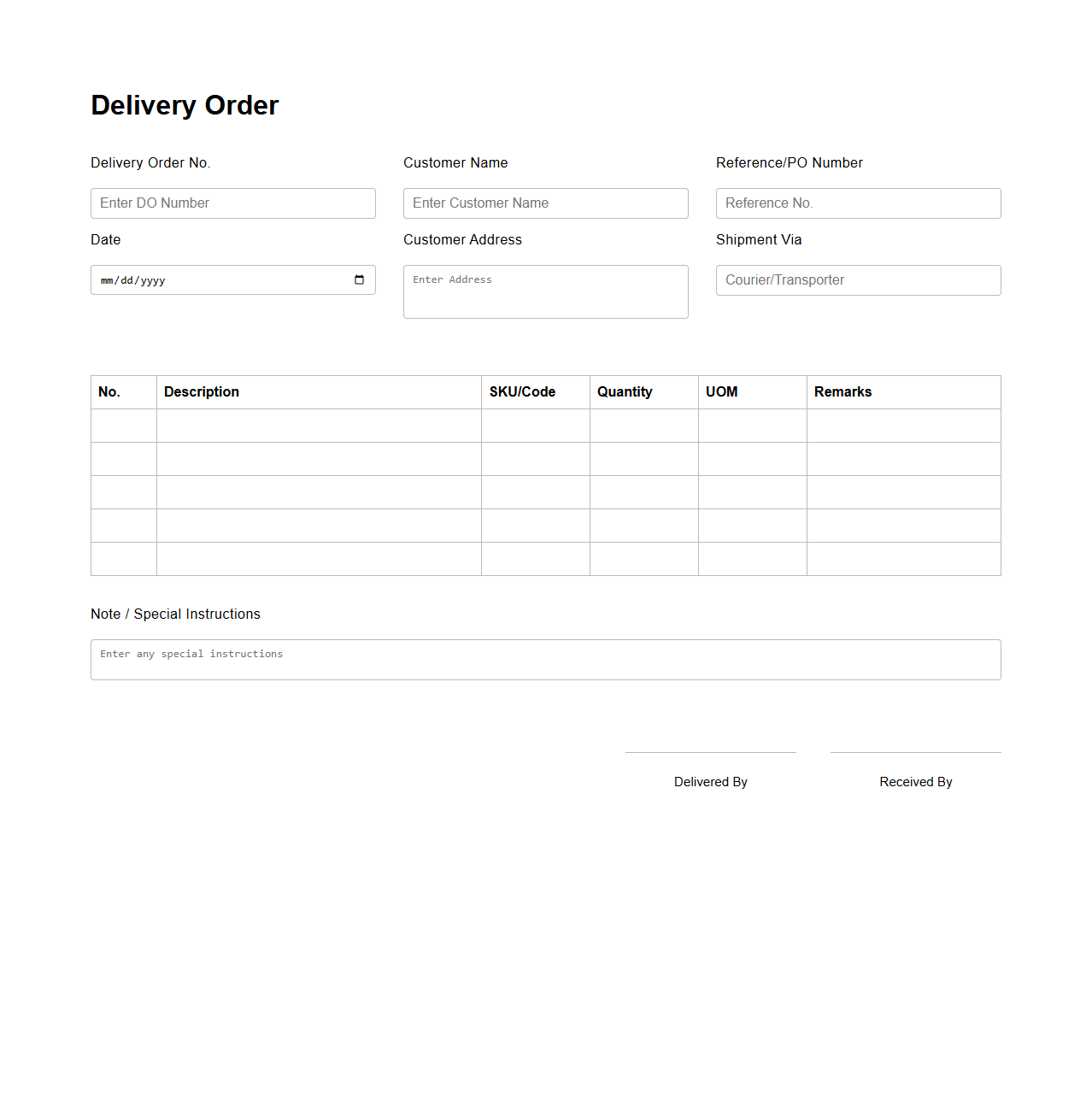 Blank Delivery Order Page for Inventory Shipments