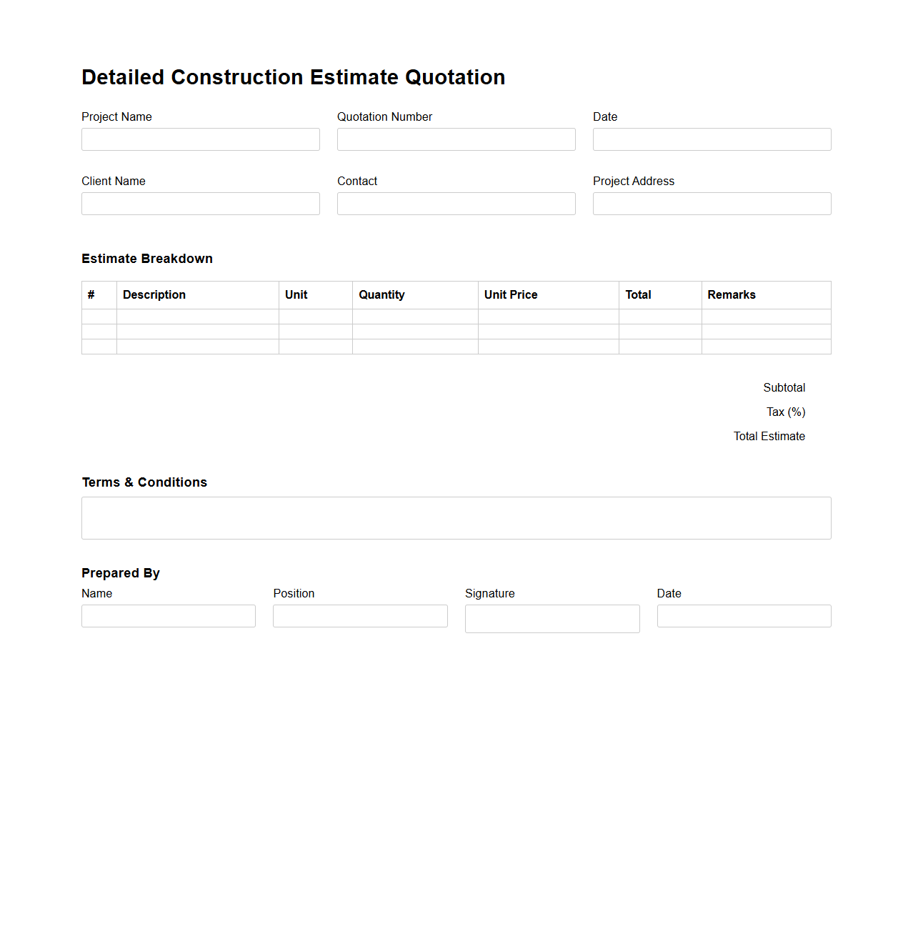 Blank Detailed Construction Estimate Quotation Template