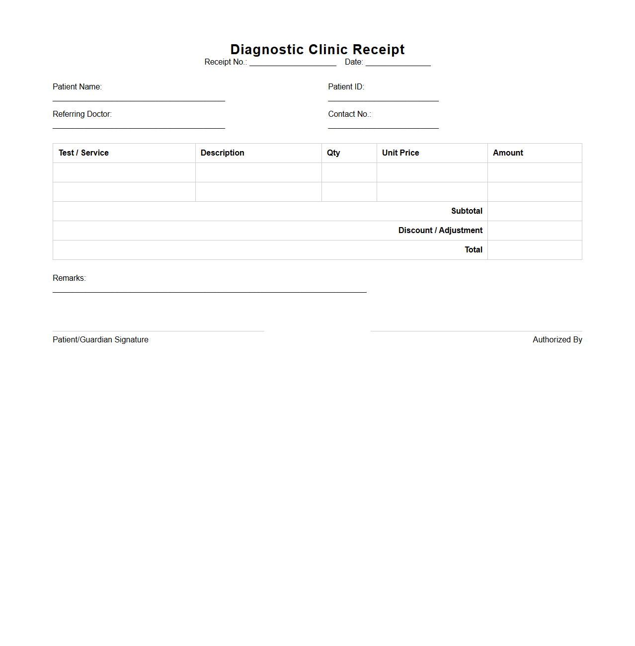 Blank Diagnostic Clinic Receipt Template