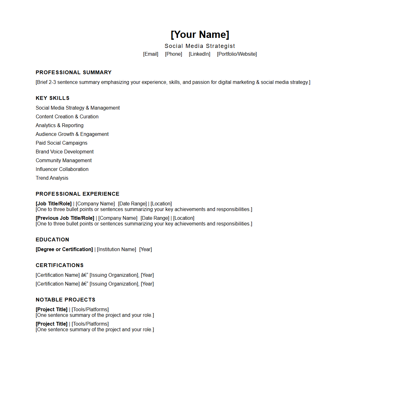 Blank Digital Marketing Resume Template for Social Media Strategists