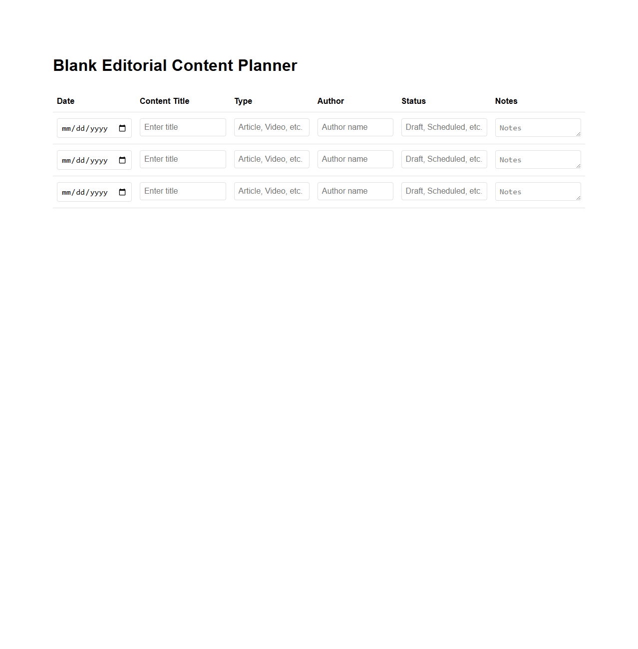 Blank Editorial Content Planner Template