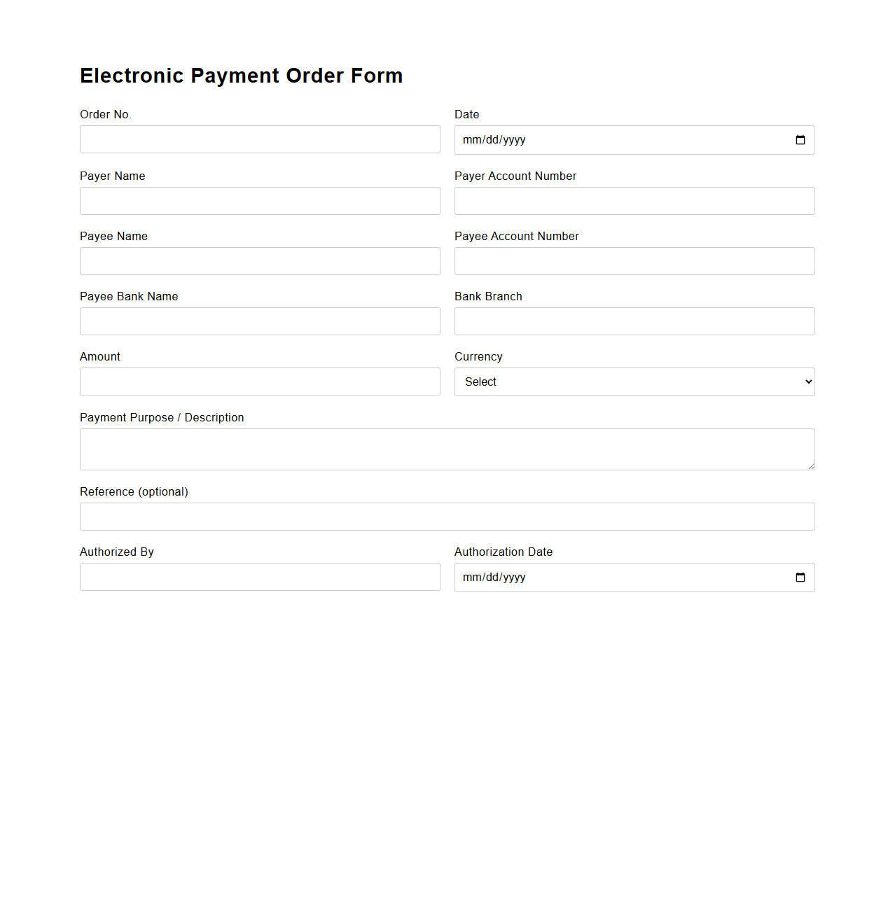 Blank Electronic Payment Order Form Template