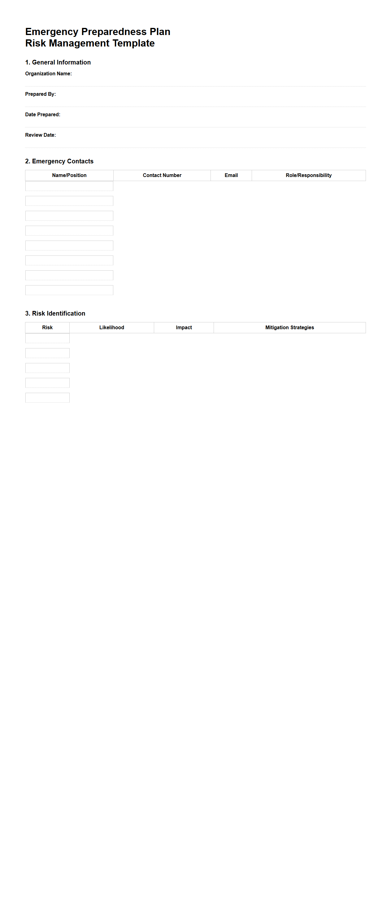 Blank Emergency Preparedness Plan Template for Risk Management