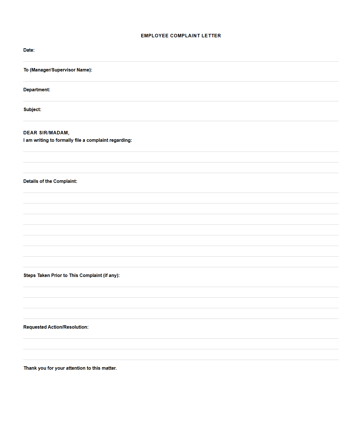 Blank Employee Complaint Letter Format