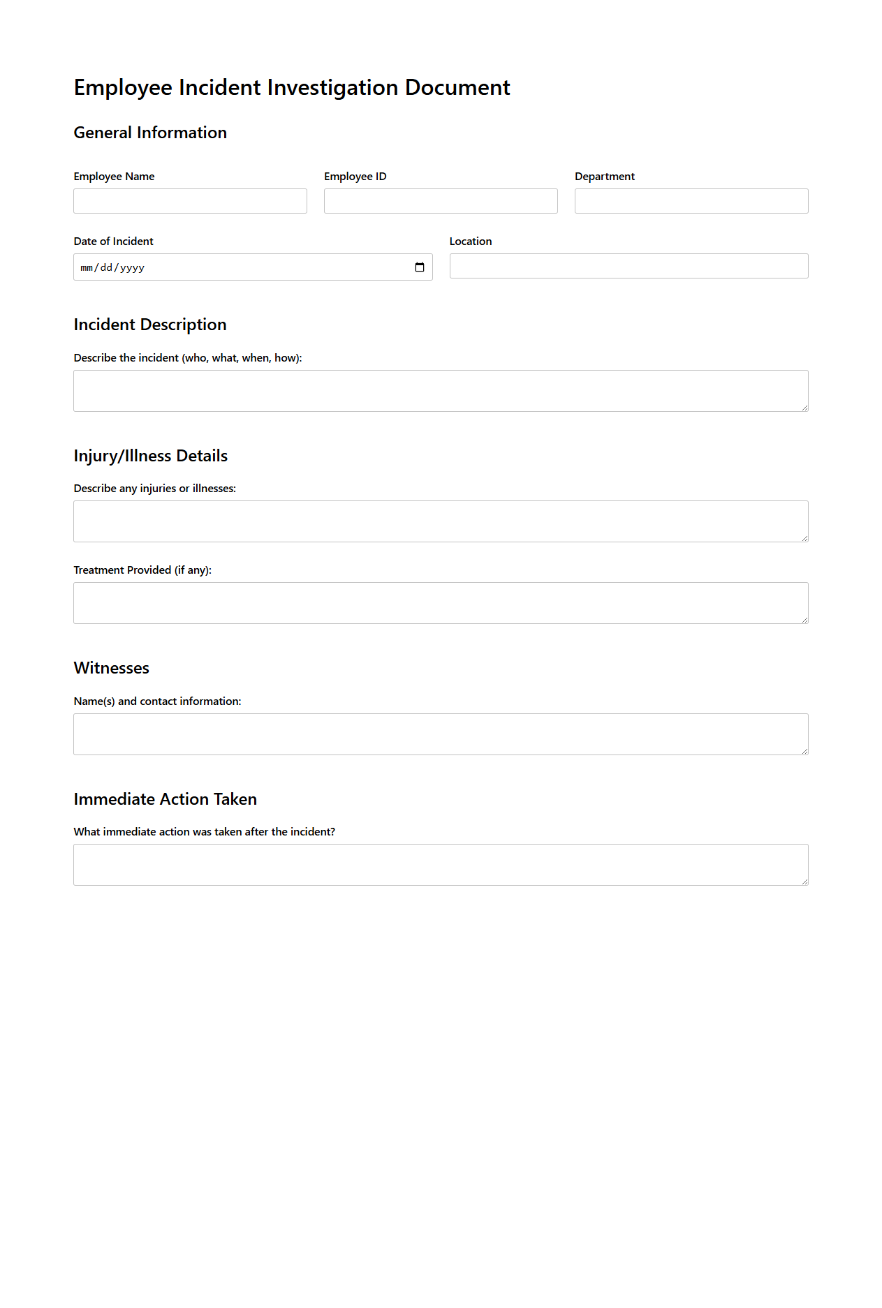 Blank Employee Incident Investigation Document