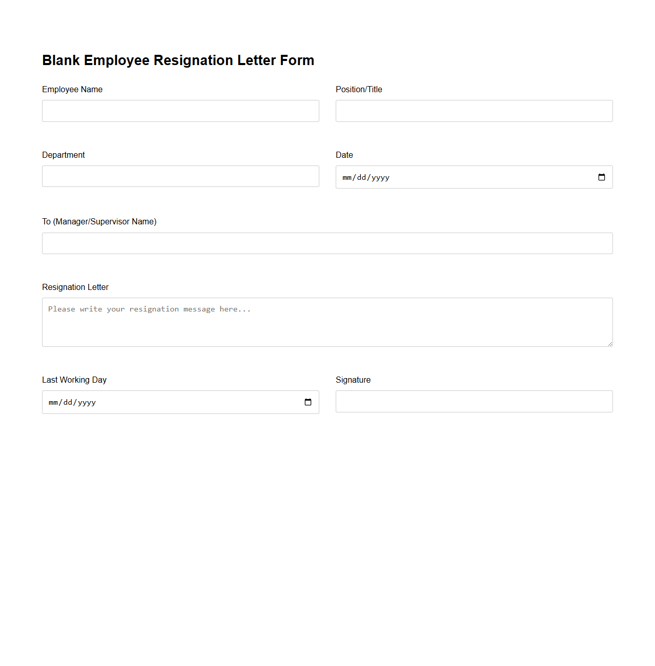 Blank Employee Resignation Letter Form