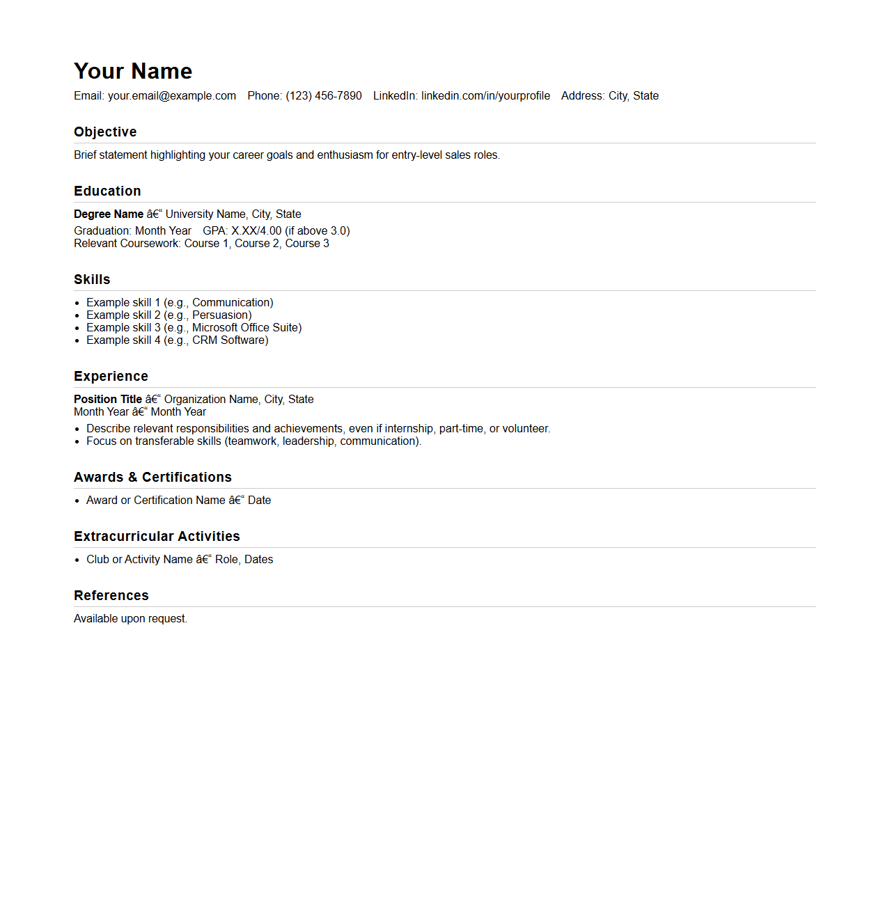 Blank Entry-Level Sales Resume Template for Fresh Graduates