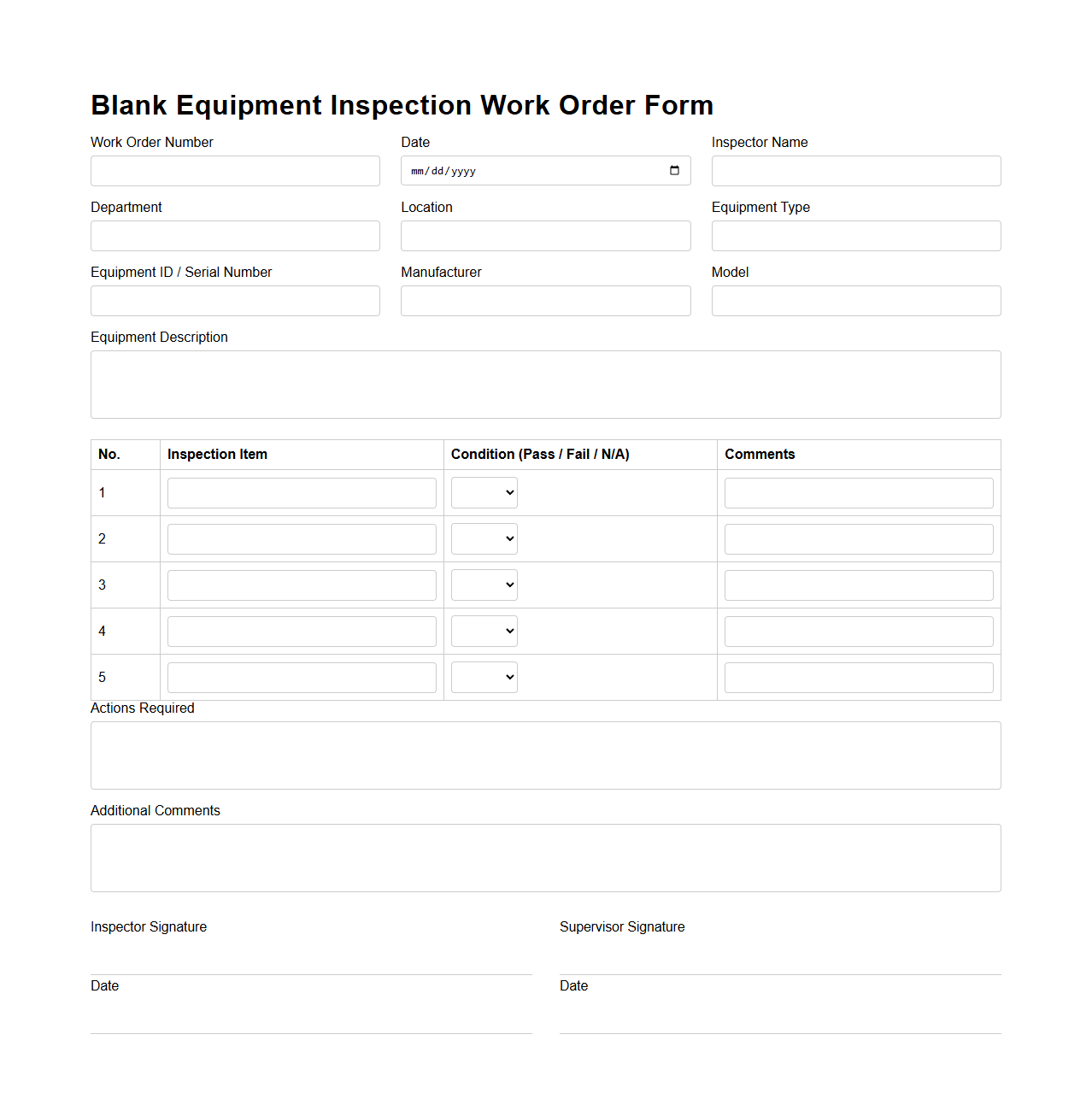 Blank Equipment Inspection Work Order Form