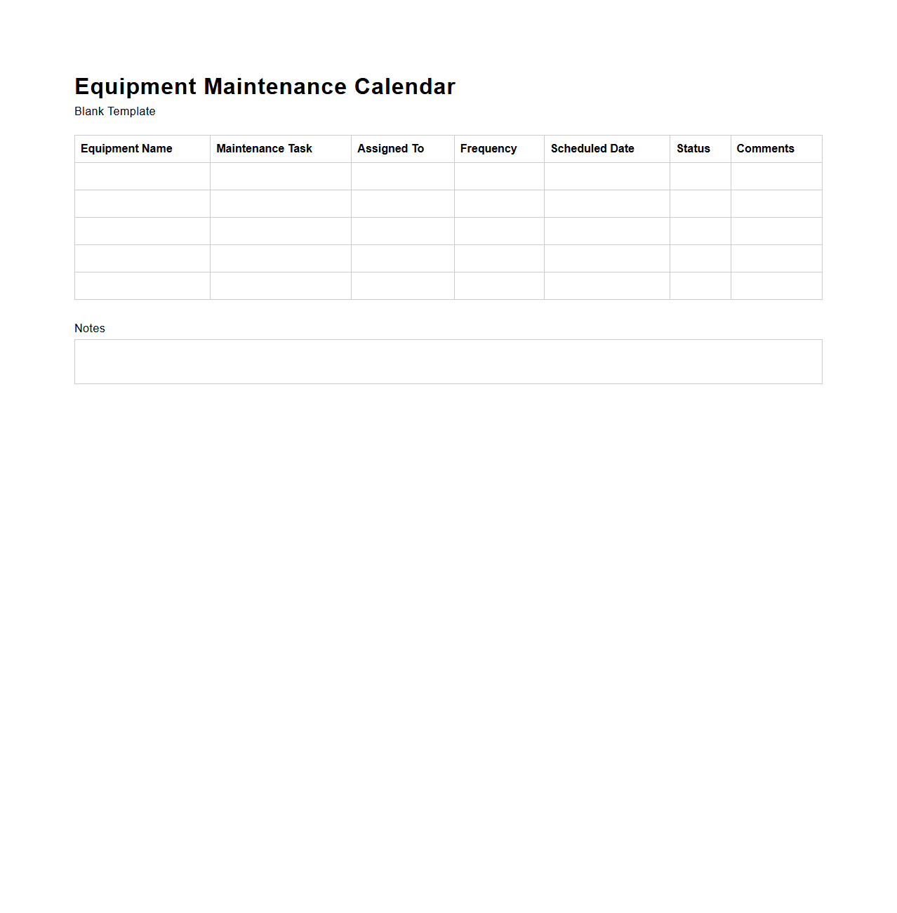 Blank Equipment Maintenance Calendar Template