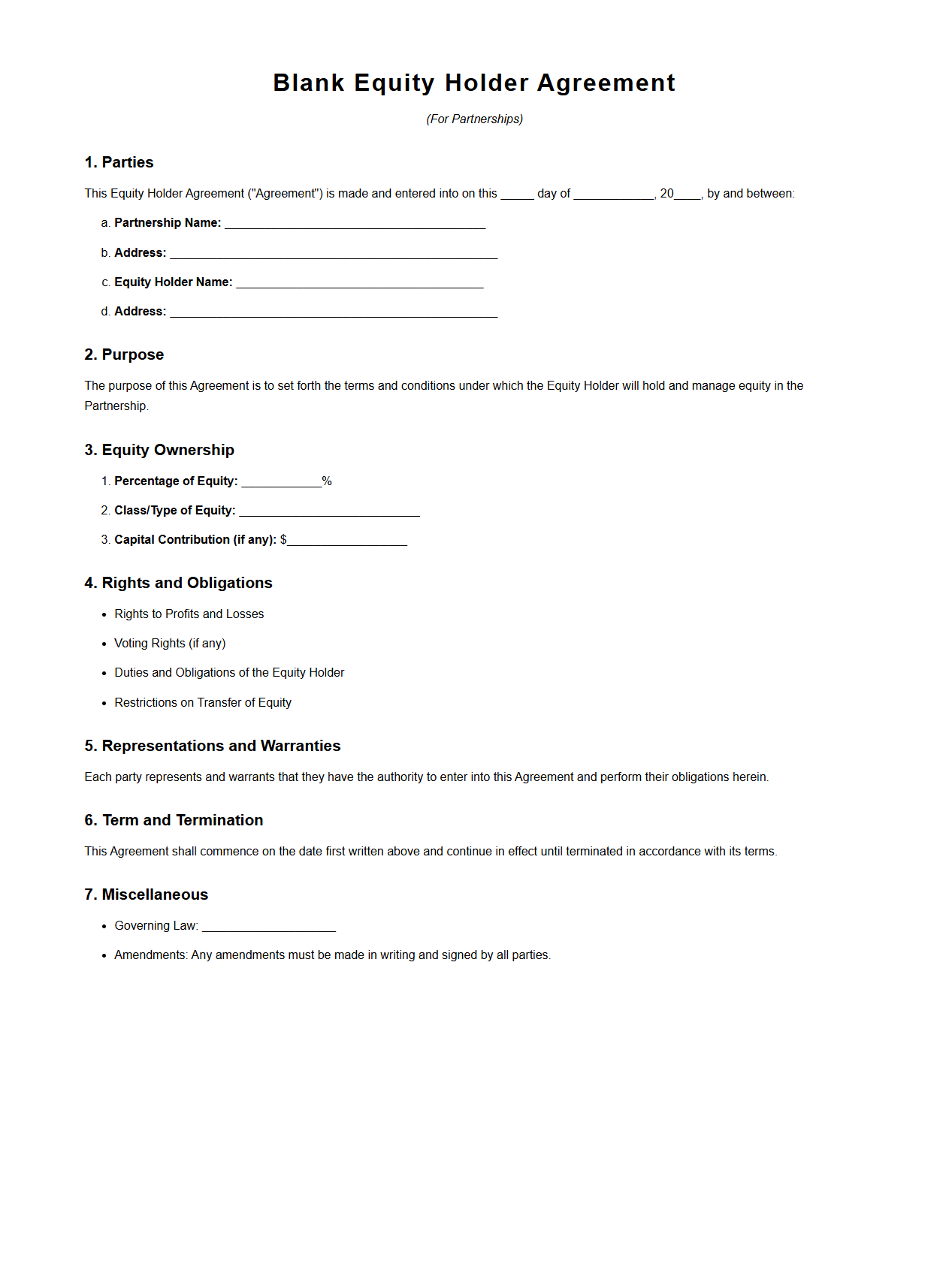 Blank Equity Holder Agreement Template for Partnerships