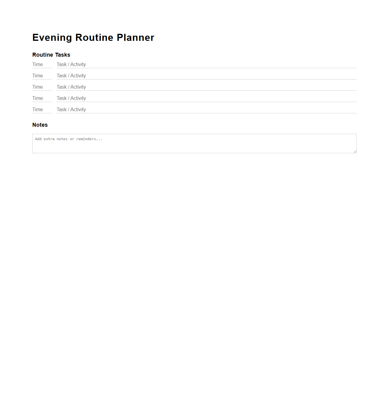 Blank Evening Routine Planner Template