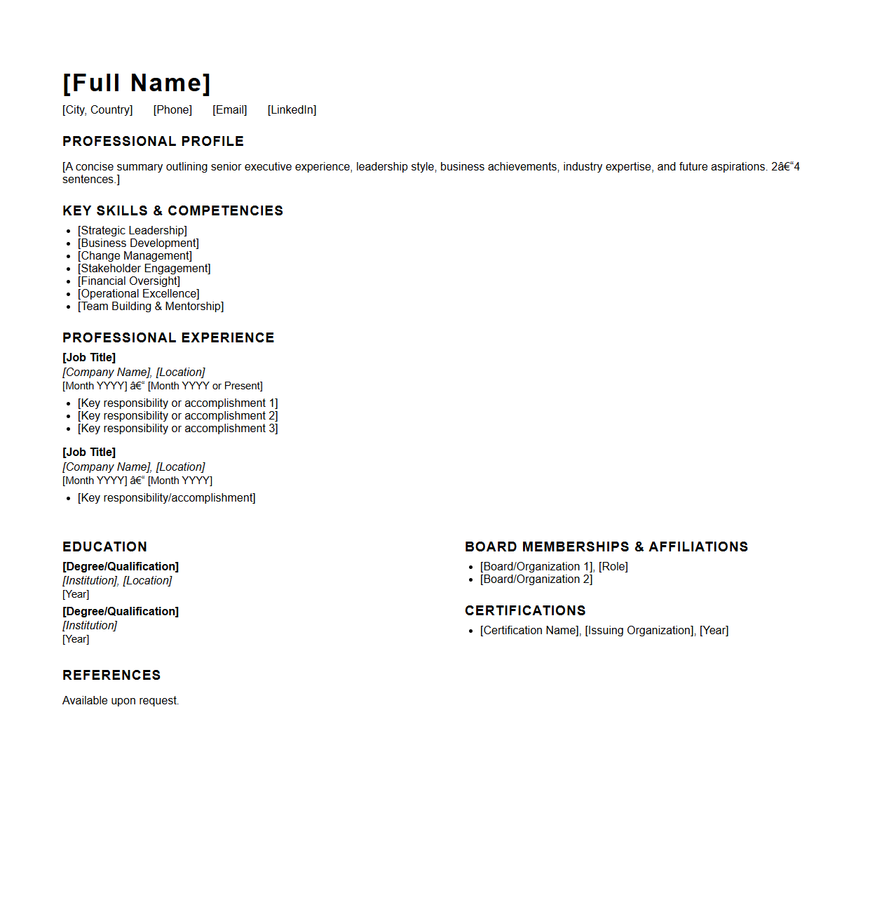 Blank Executive CV Template for Business Leaders