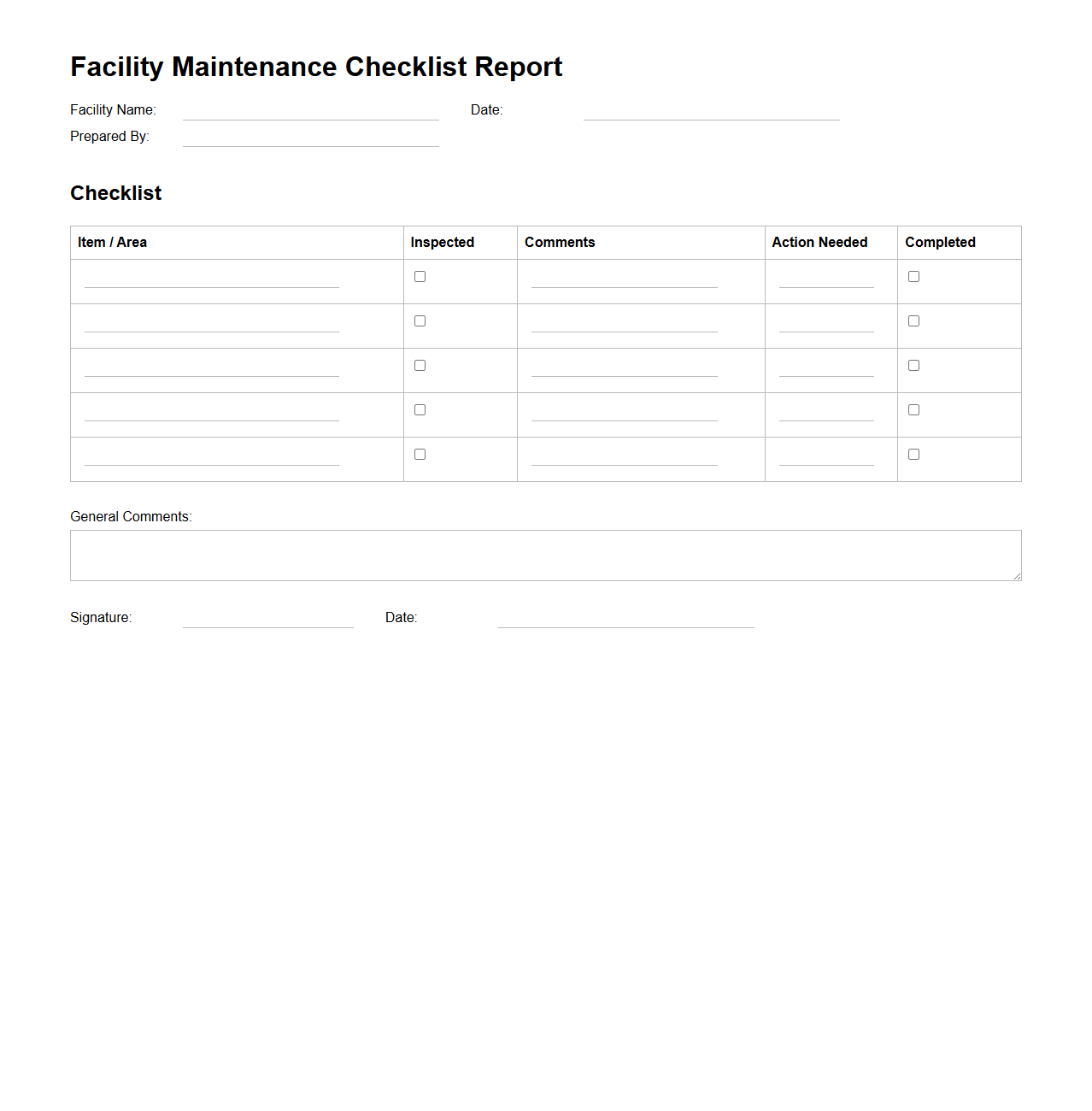 Blank Facility Maintenance Checklist Report