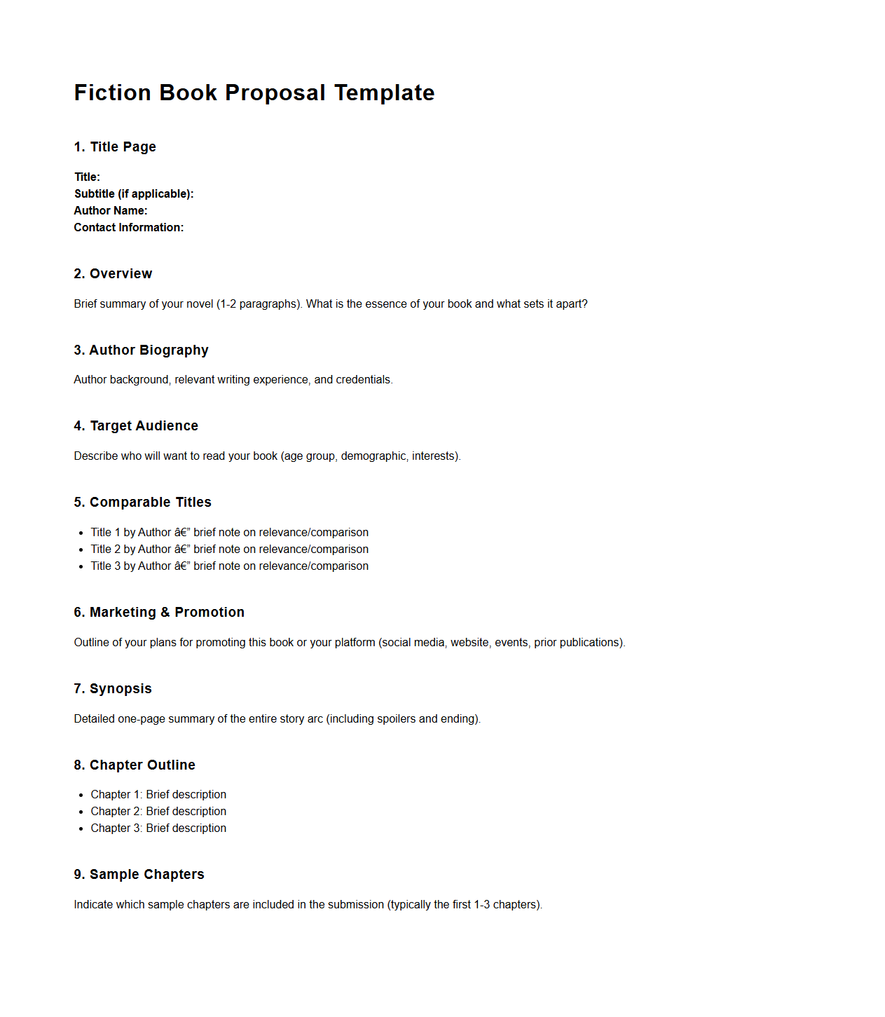 Blank Fiction Book Proposal Template for Agents