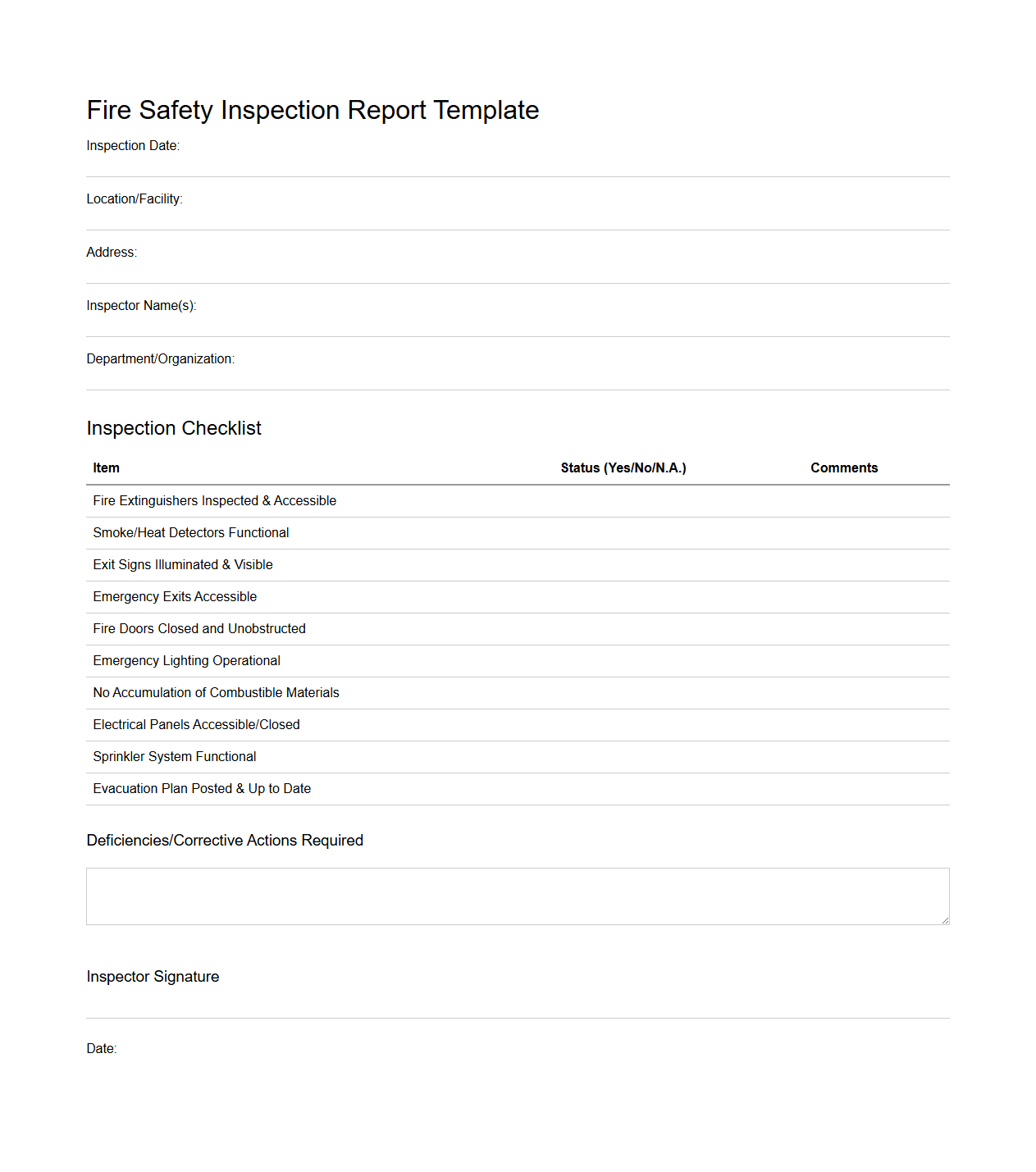 Blank Fire Safety Inspection Report Template for Compliance Review